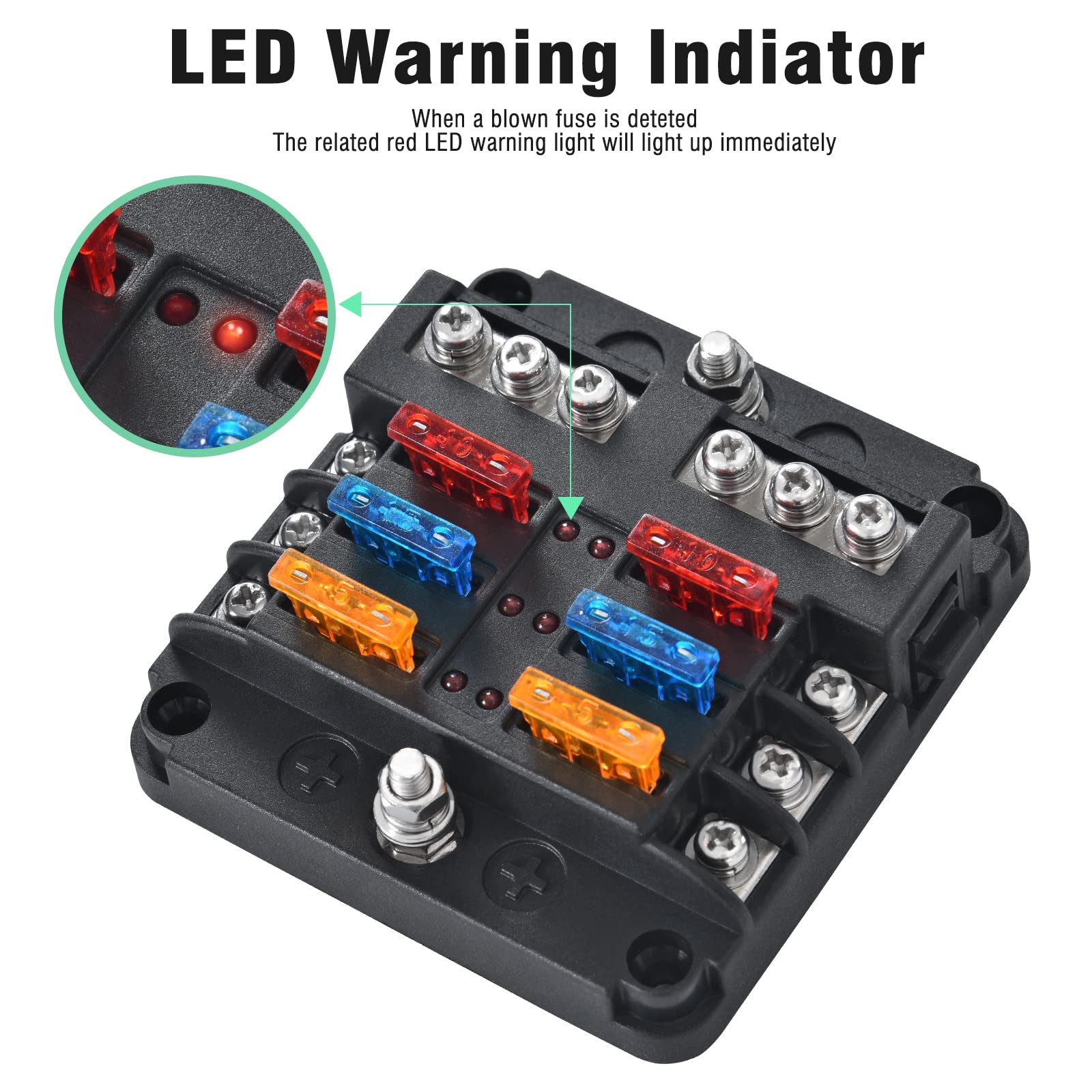 6-Way Marine Fuse Block,Waterproof 12v Fuse Block with LED Indicator for 12V/24V Automotive Golf Cart Truck Car Boat Marine RV M