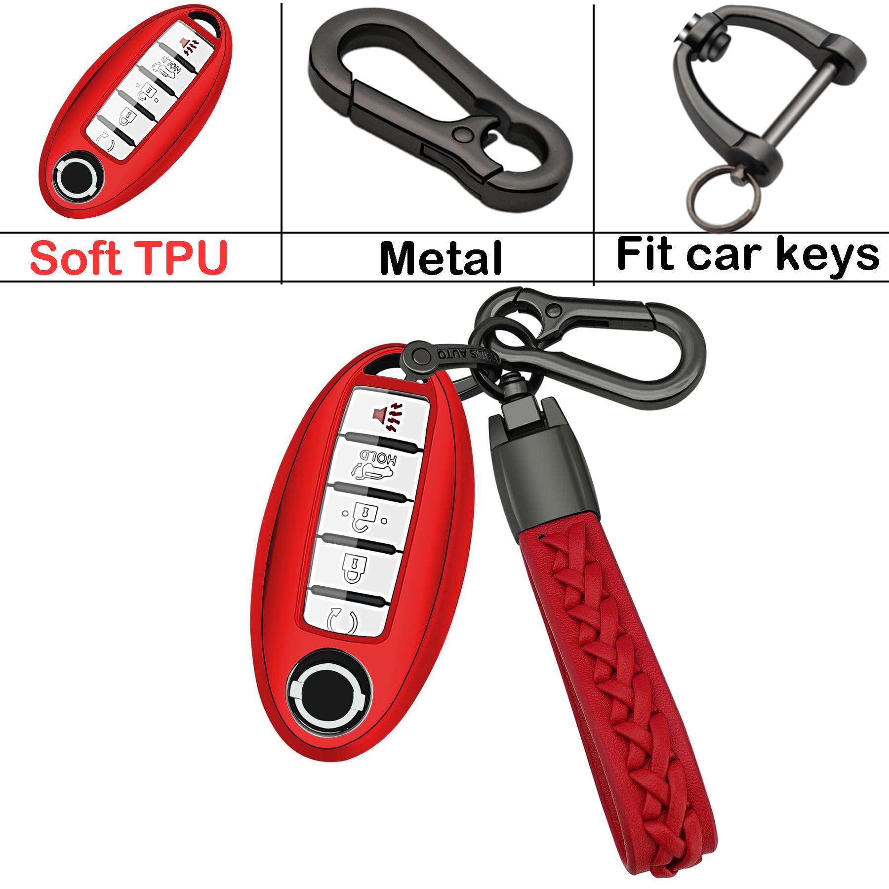 Kirsnda Key Fob Cover Case With Keychain,Soft Tpu Protect Car Key Compatible With Altima Rogue Maxima Pathfinder Ect 3/4/5 Buttons Remote Smart Key,Key Case-Red