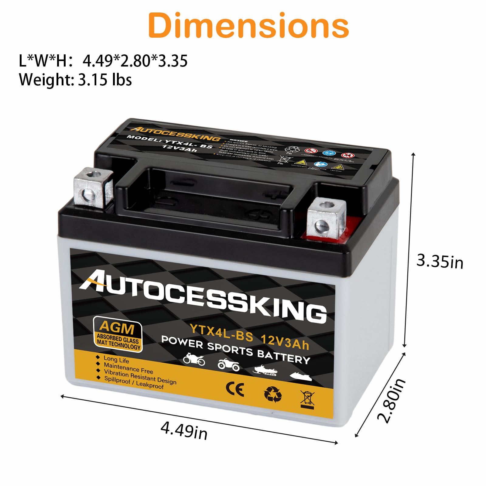 Autocessking Ytx4L-Bs Motorcycle Battery, 12V 3Ah Rechargeable Maintenance Free Sealed Agm Battery Powersport Replacement Batter