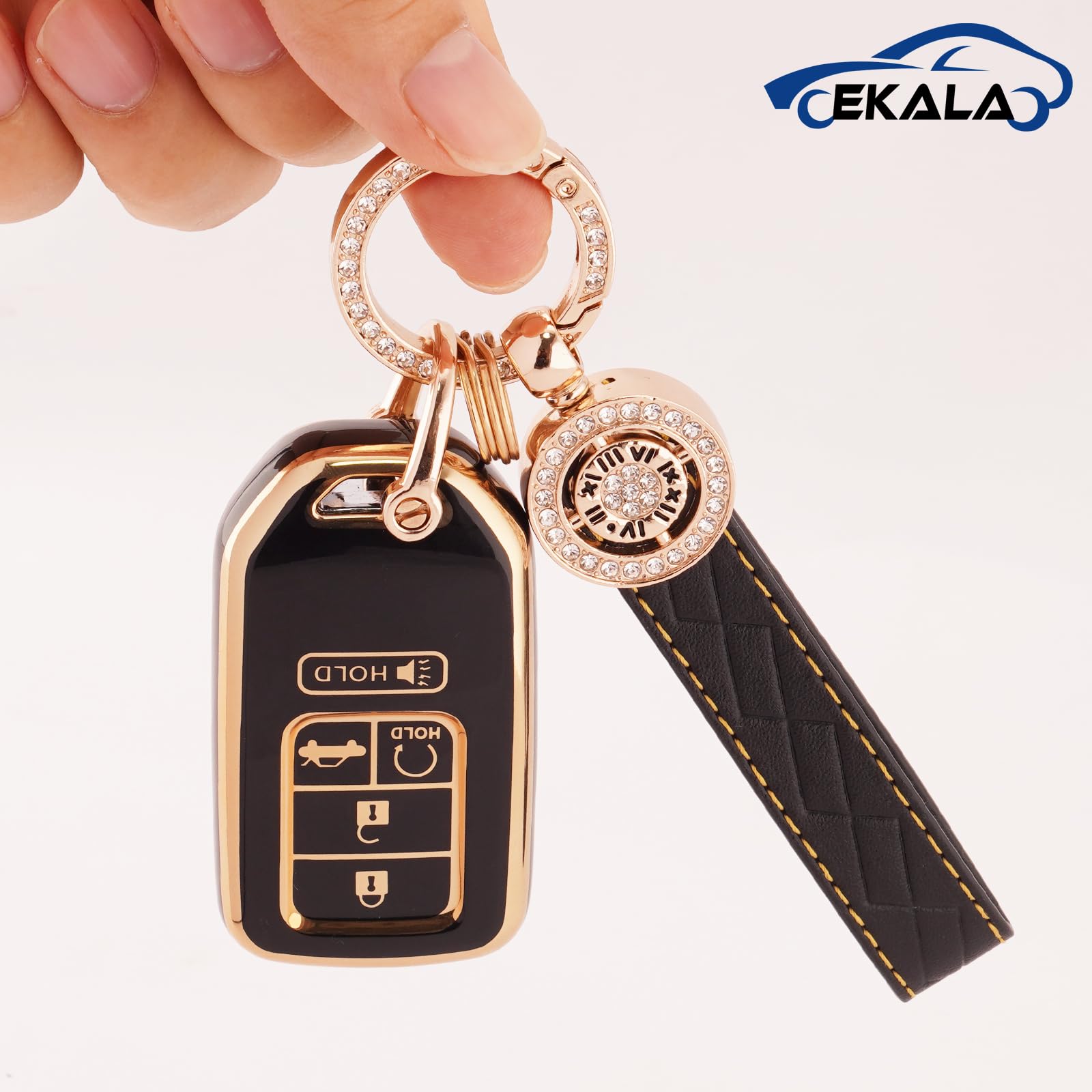 EKALA Leather Key Fob Cover - 5 Button Soft TPU Shells, Compatible with Accord, Civic, CRV, Odyssey, Pilot - Black Gold