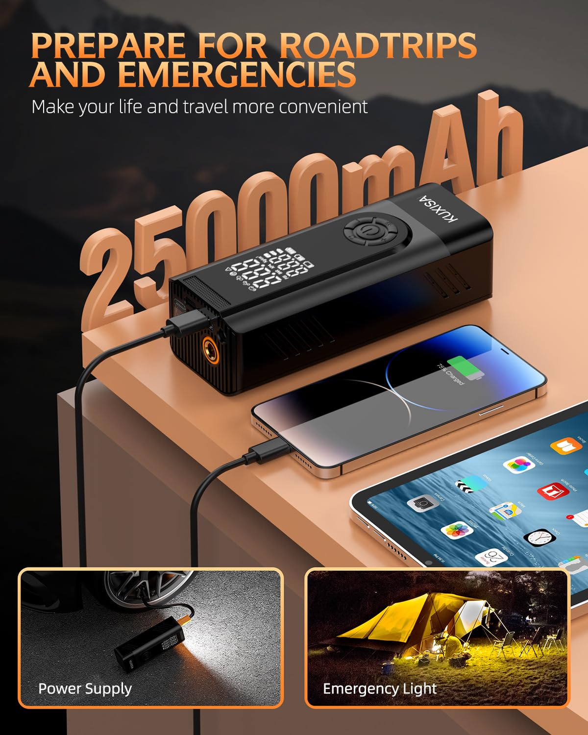 Tire Inflator Portable Air Compressor - 180Psi Air Compressor With Tire Pressure Gauge, 25000Mah & 3X Faster Portable Air Pump F