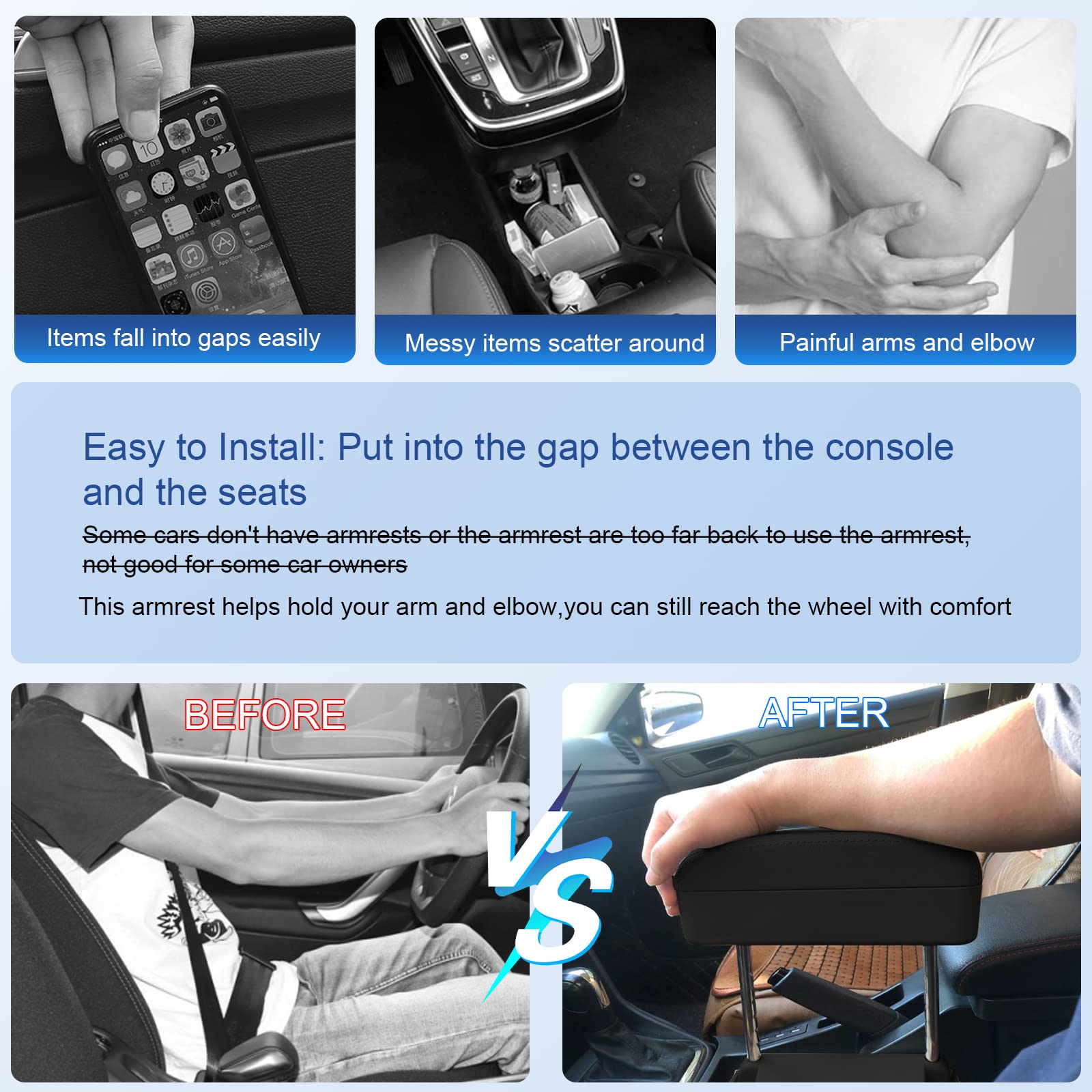 Cdefg Car Armrest Support Elbow Rest Pad Armrest Extender, Console Storage Organizer, Adjustable Height Comfort Wrist Rest Pads, Universal Fit For Most Car Models (Black Suede)