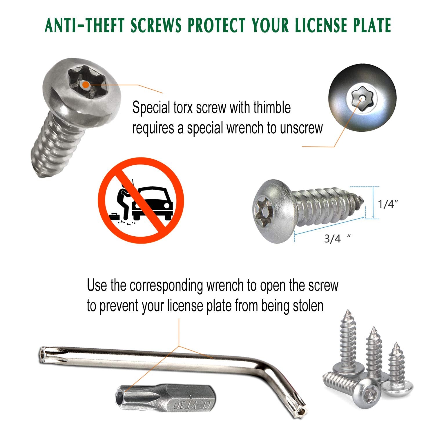 Bggtmo License Plate Screws Anti Theft -Stainless Steel Tamper Resistant Locking Front Or Rear Car Tag Frames Bolts Set,1/4 Metr