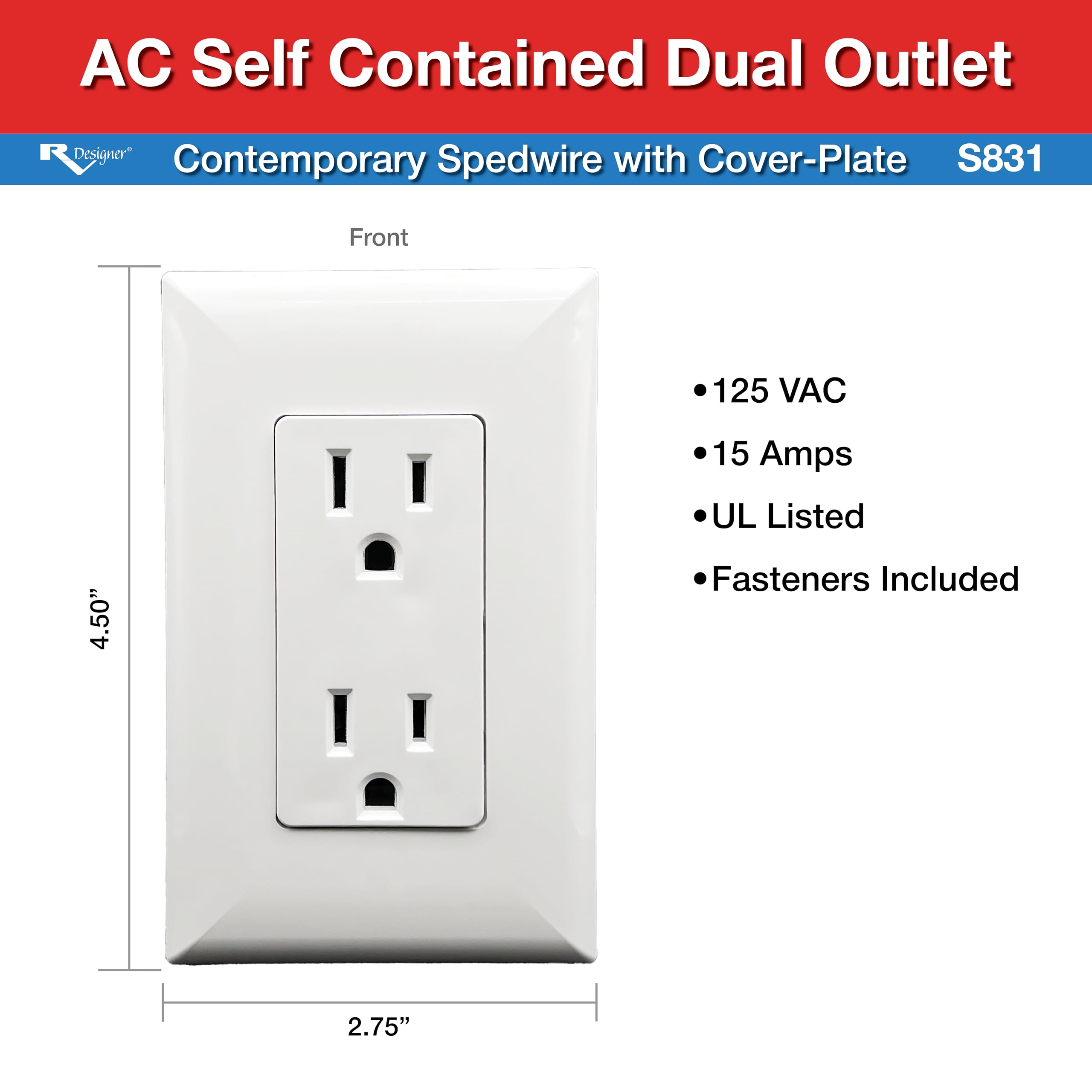 Rv Designer S831, Ac Contemporary Dual Outlet, Self Contained, Speedwire With Cover-Plate, White
