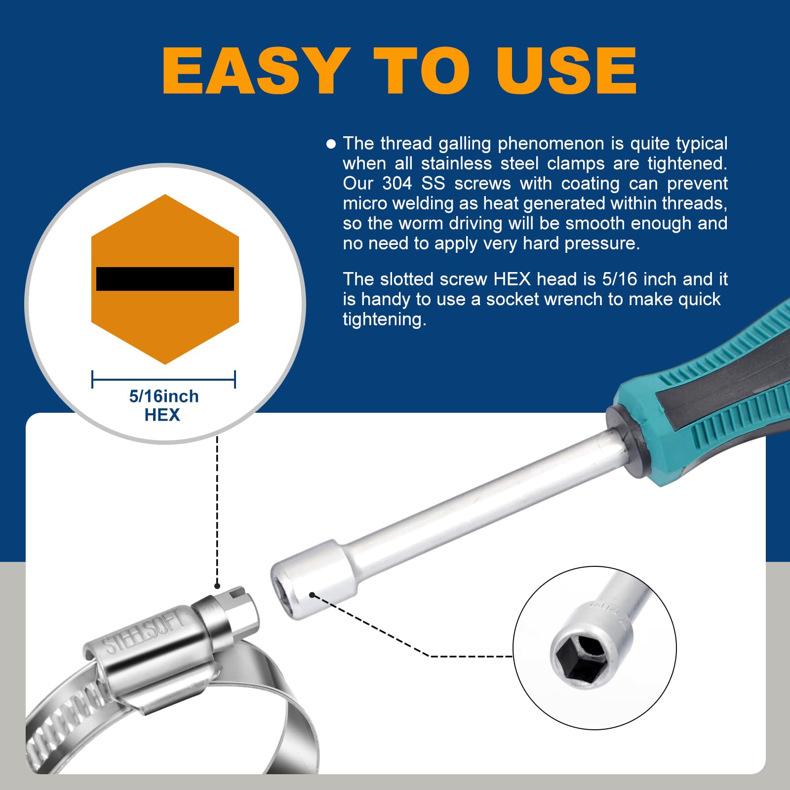 Steelsoft Heavy Duty Hose Clamp Size#4, 3/8 To 5/8 Inch Adjustable Worm Gear Drive Hose Clamps Stainless Steel 304 For Fuel Inje