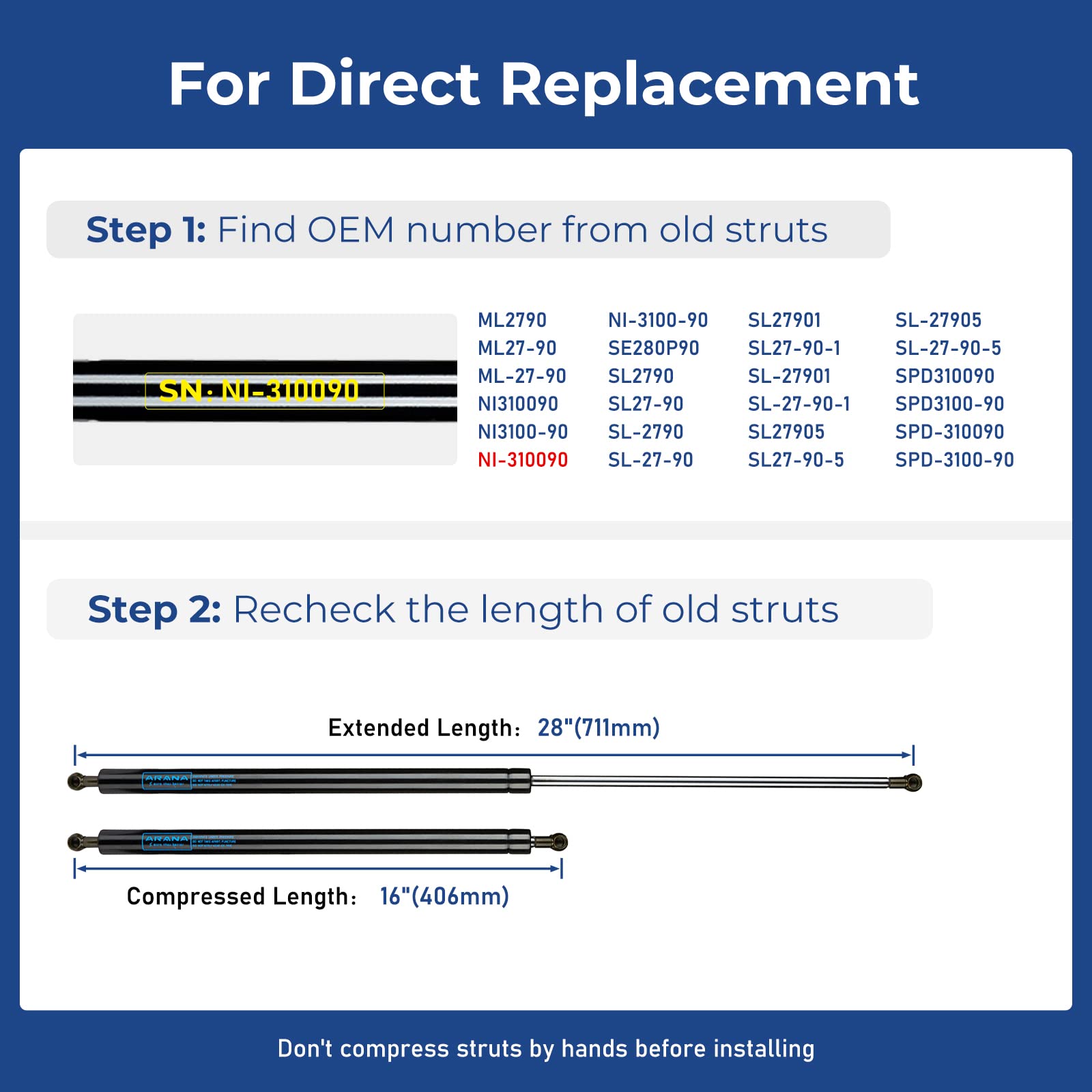 Sl2790 28 Inch 90Lb Gas Shocks Struts Ml2790 90Lb/400N Gas Spring Lift Supports For Rv Bed Storage Box Lid Tonneau Cover Truck B