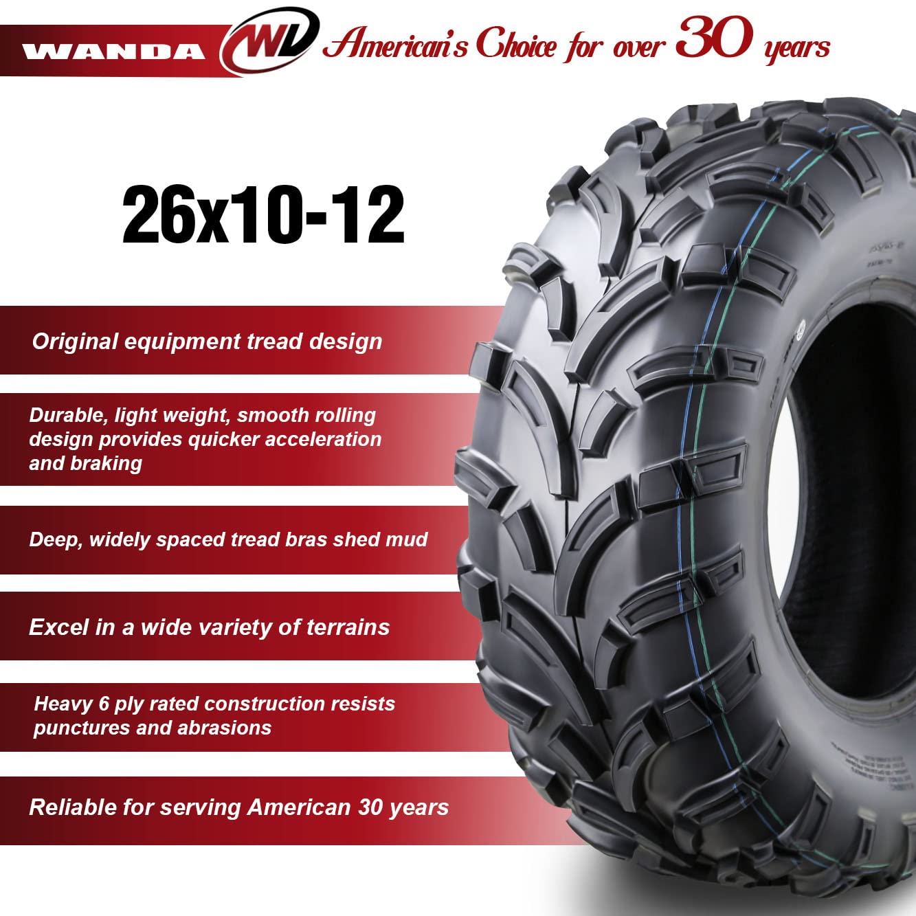 Wanda Set Of 4 Atv Utv Tires 26X10-12 26X10X12 6Pr Lit Mud