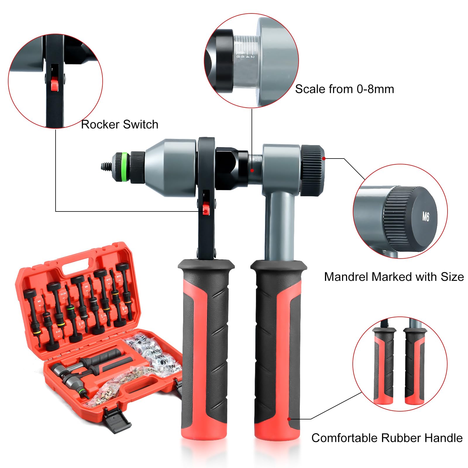 Aoben Rivet Nut Tool Kit, Nutsert Gun Kit, Upgraded Rivnut Tool With 10 Metric And Sae Madrels, 100 Pcs Rivnuts, And Rugged Carr