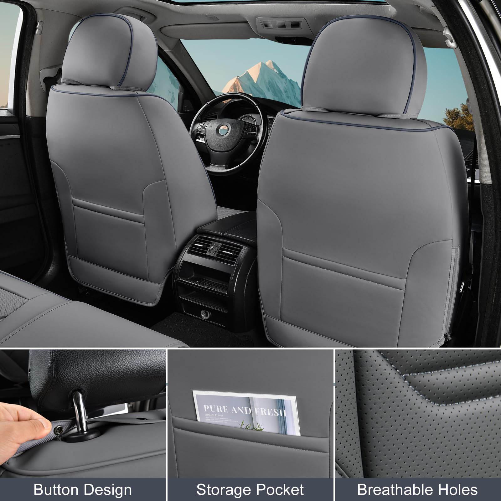 Tiehesyt Gray Car Seat Covers Full Set, Breathable Leather Automotive Front And Rear Seat Covers & Headrest For Reduce The Drivi