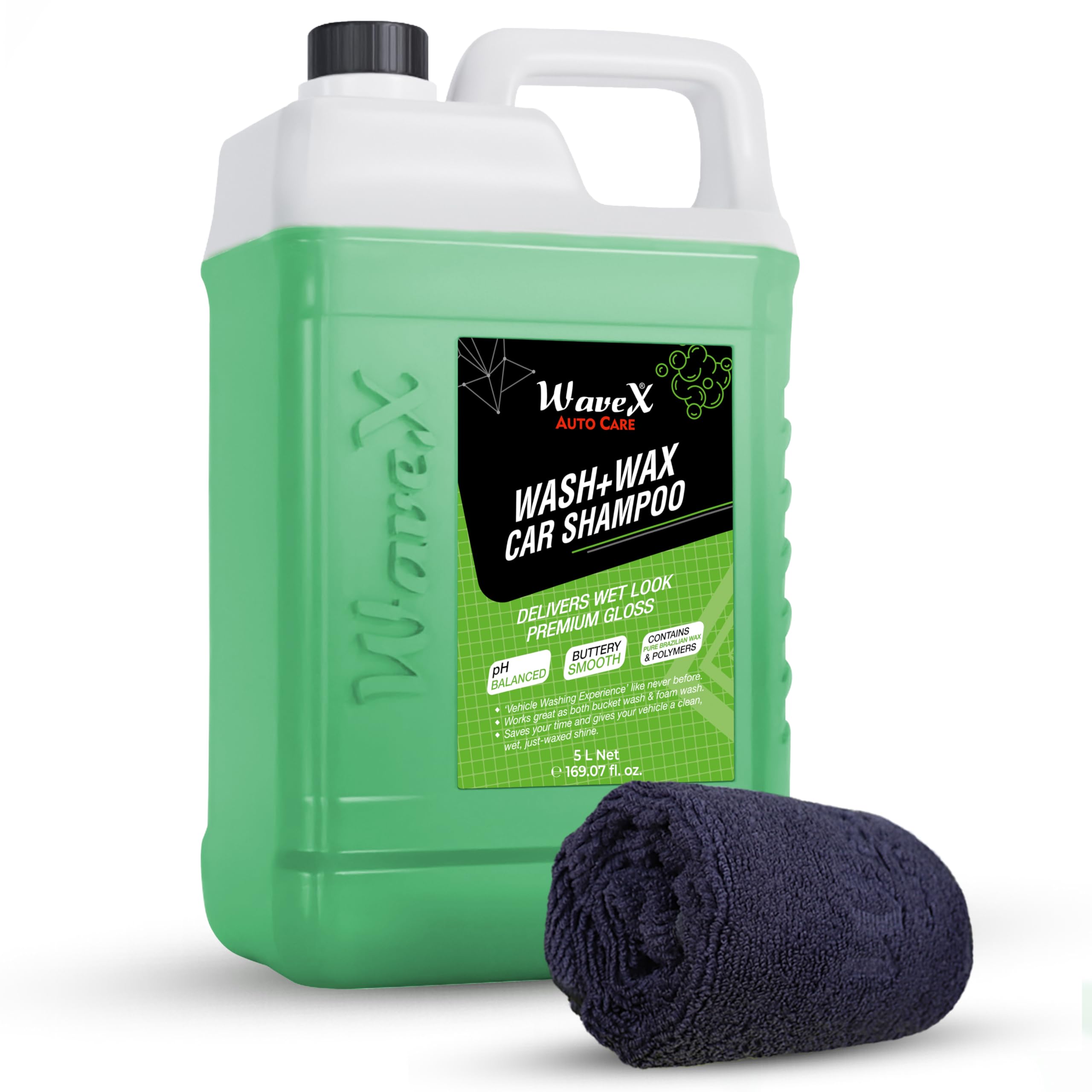 Wavex Car Shampoo Wash And Wax 5 Ltr Incudes Microfiber Cloth 40X40Cm 350Gsm Also Works As Foam Wash