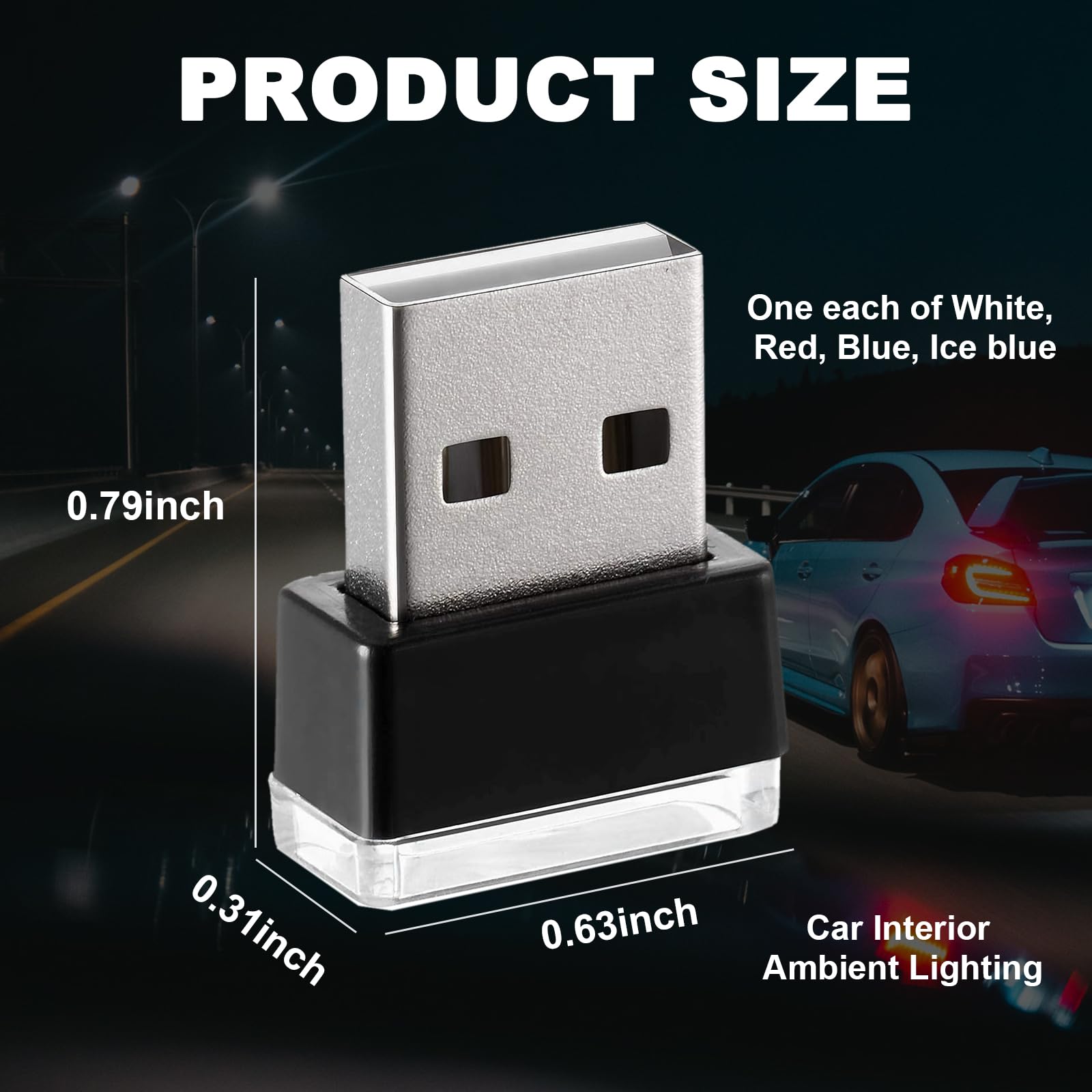 Ziciner 4 Pcs Usb Led Car Interior Atmosphere Lamp, Portable Mini Led Night Light, Plug-In Usb Interface Trunk Ambient Lighting