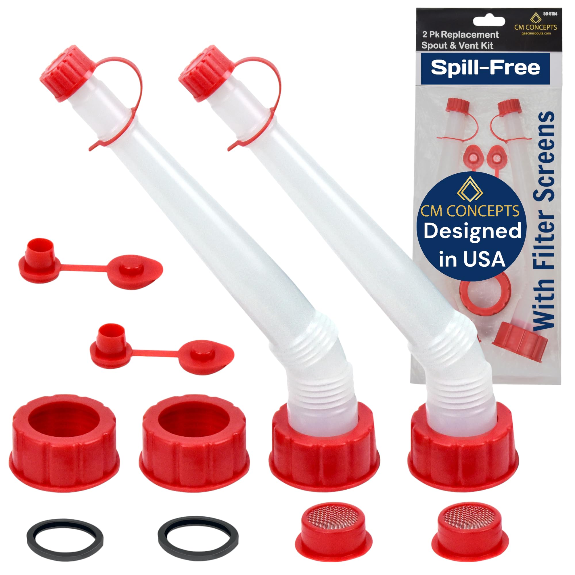 Cm Concepts® Gas/Water Can Long Angled Spill-Free Spout Nozzle & Vent Replacement Kit W/Filter Screen Old Style (2)