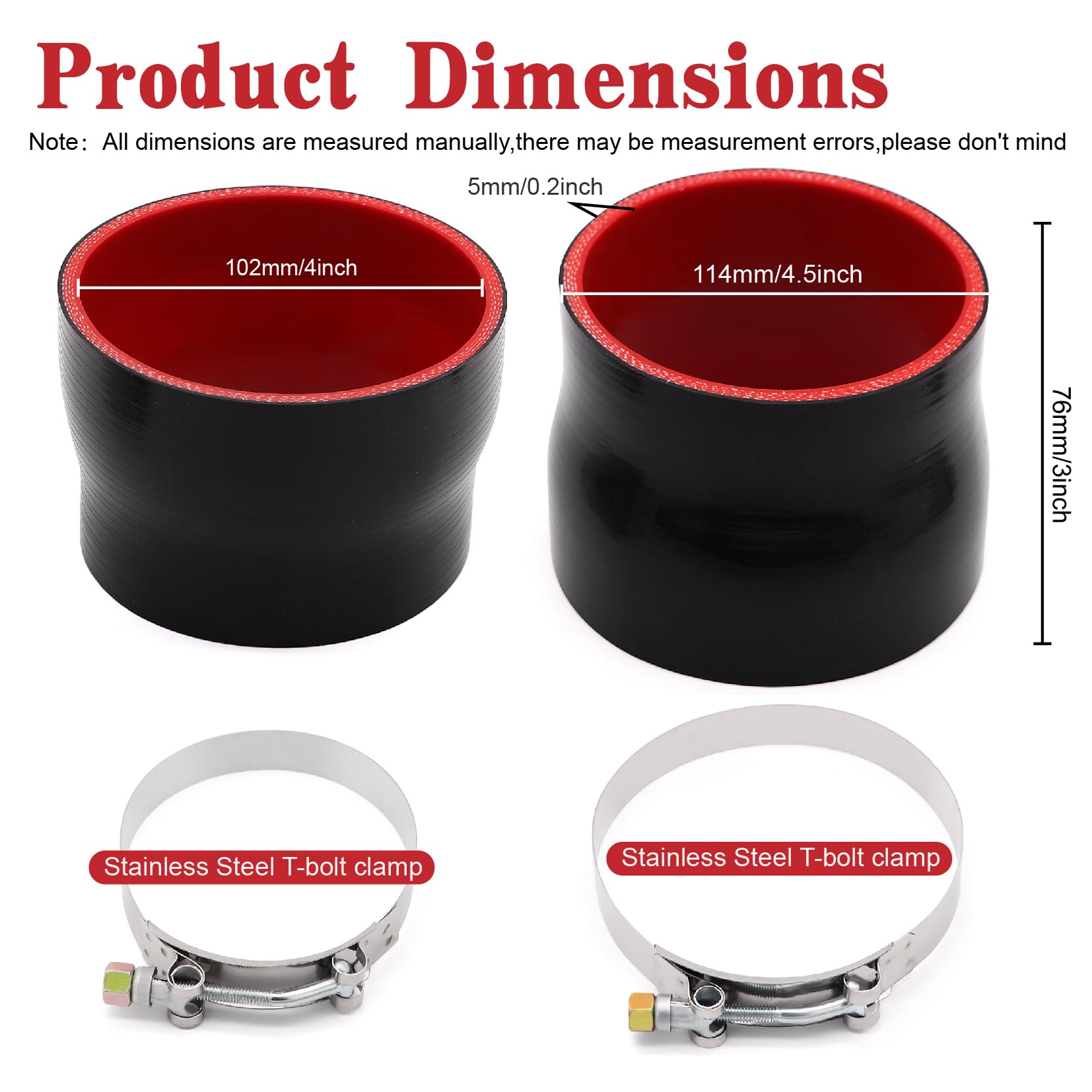 Taukealugs Straight Reducer Coupler Silicone Hose ID 4-inch to 4-1/2inch 4-Ply with Stainless Steel T-Bolt Clamp for Automotive