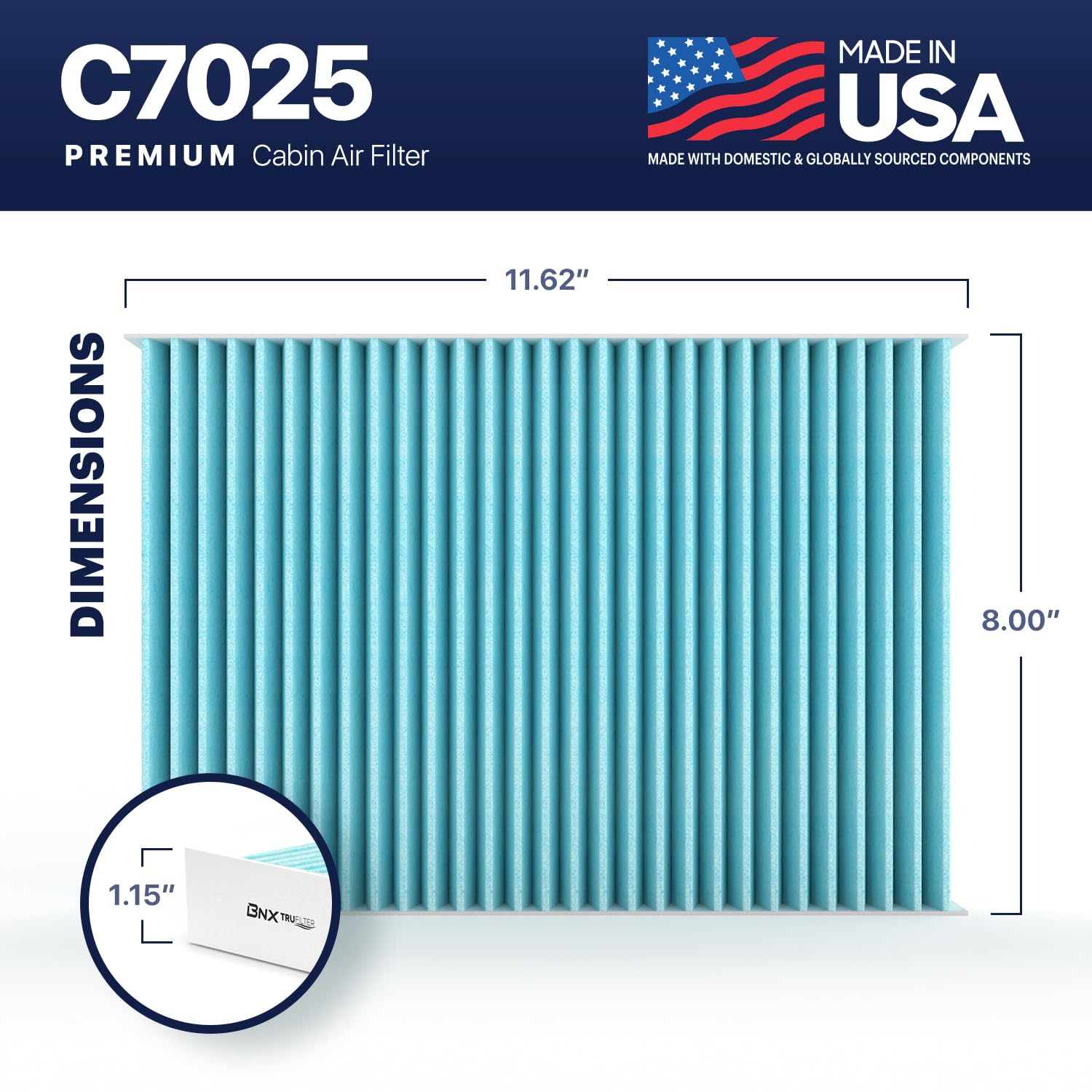 Bnx Trufilter C7025 Cabin Air Filter, Hepa 99.97%, Made In Usa, Compatible With Audi: A4, A4 Quattro, Rs4, S4
