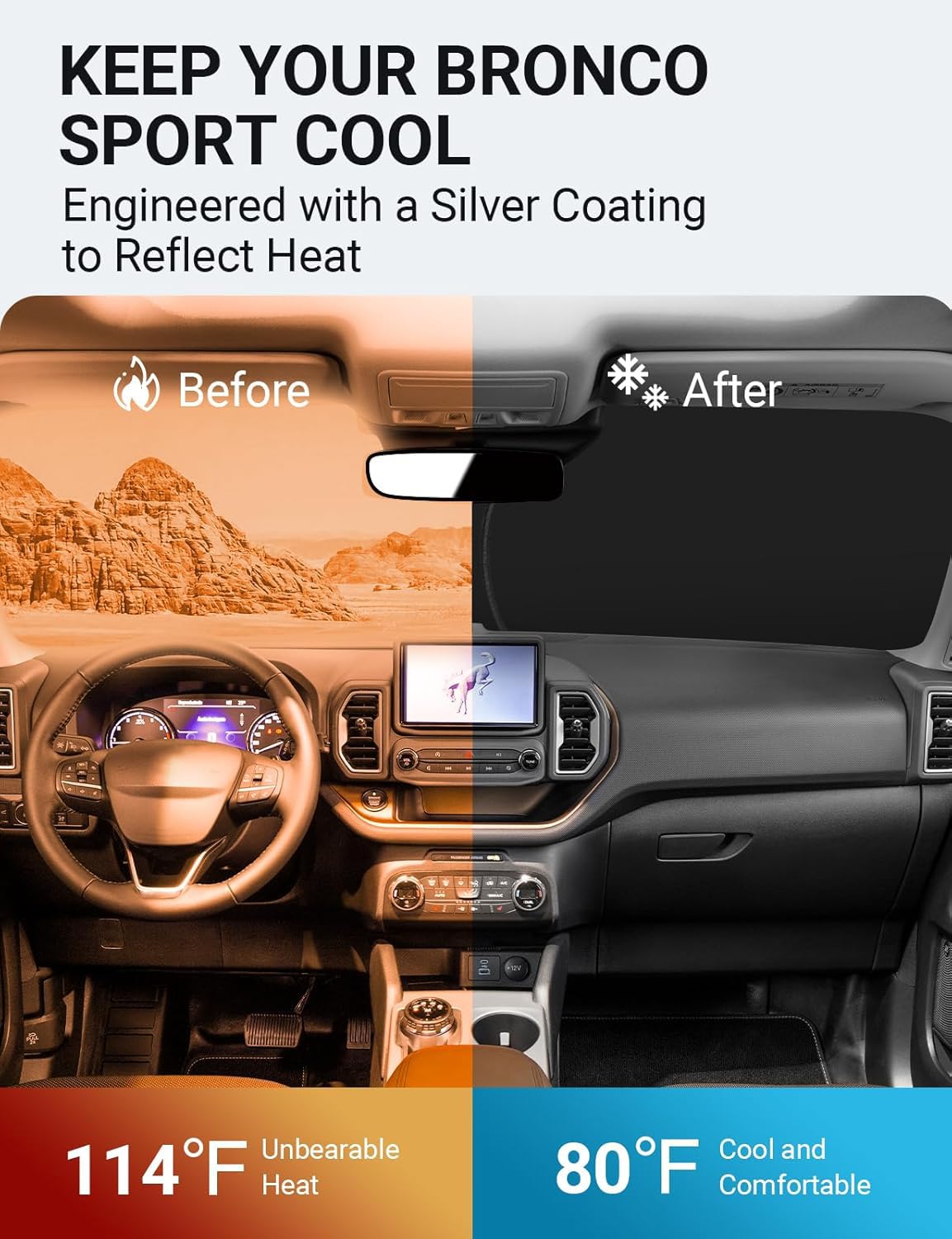 Proadsy 2025 Upgrade Front Windshield Sun Shade Foldable Sunshade Protector Custom Fit 2025 2024 2023 2022 2021 Ford Bronco Sport Accessories