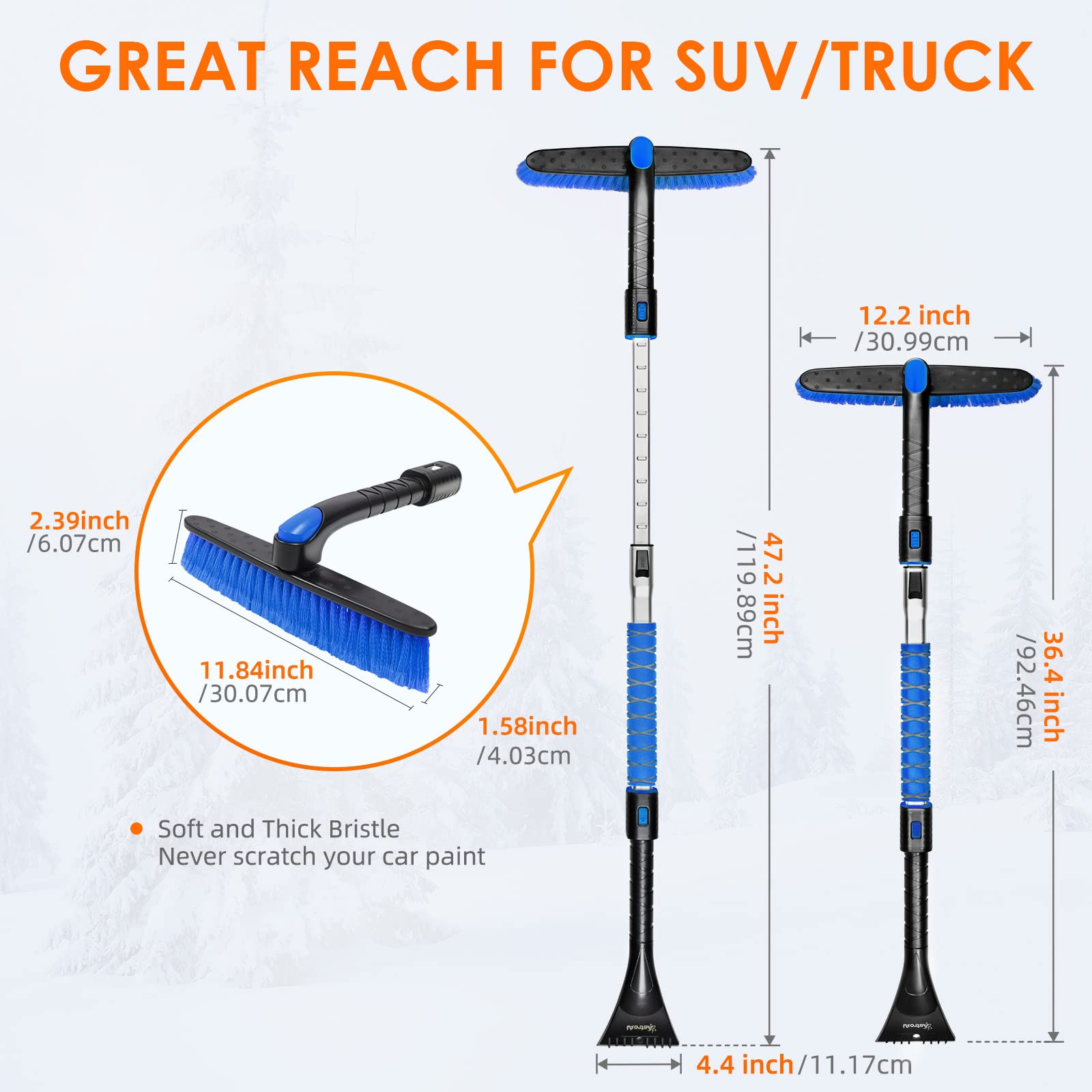 Astroai 47.2'' Ice Scraper And Extendable Snow Scraper For Car Windshield With Foam Grip And 360