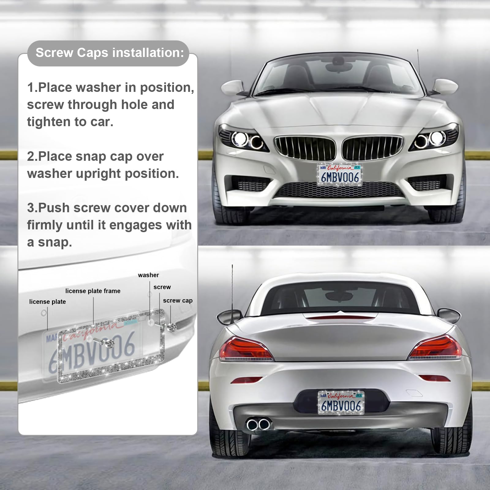 Quanqiufei 2 Pack Bling License Plate Frames For Women, Sparkly Rhinestone Diamond Car Accessories With Glitter Crystal Caps (Gi