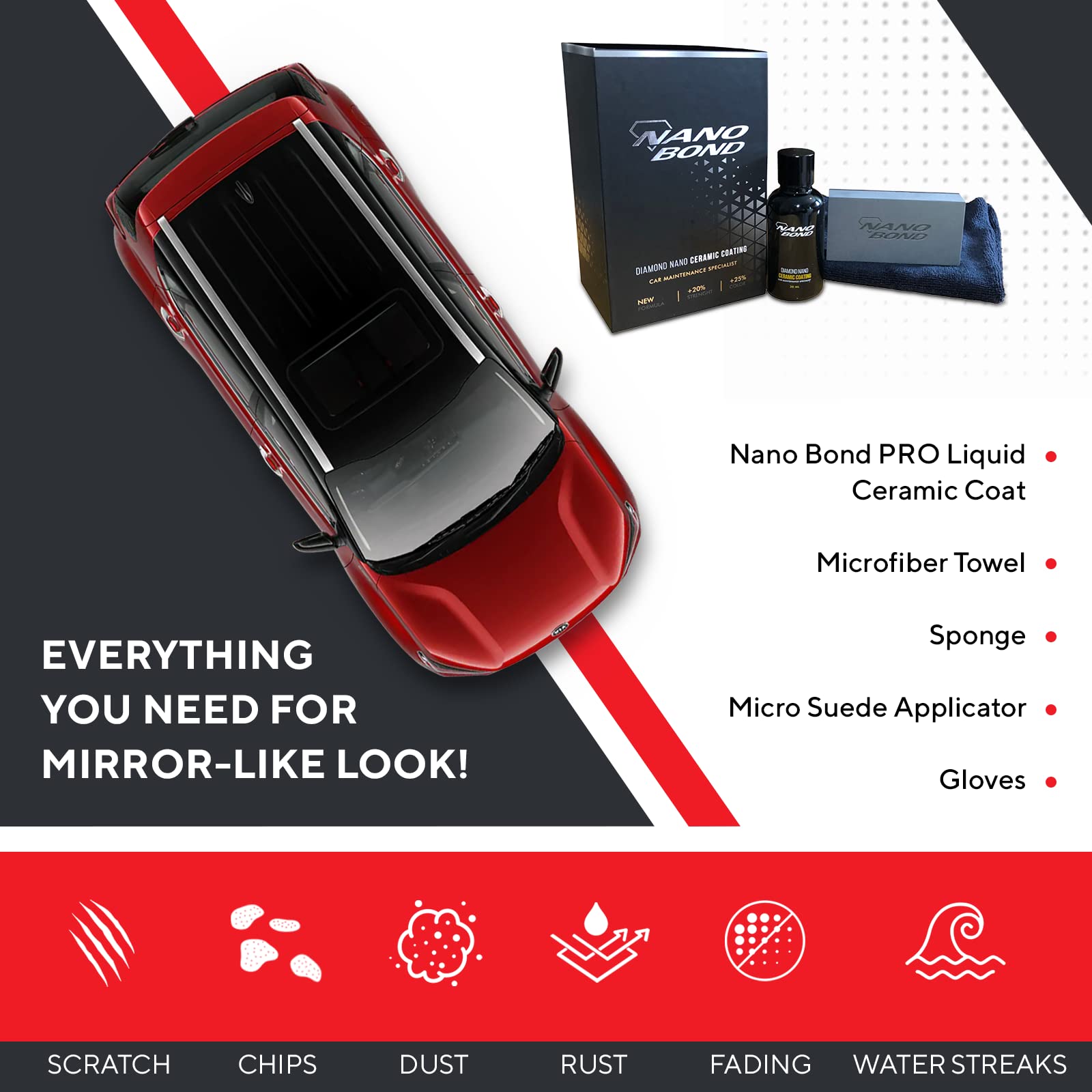 Nano Bond Ceramic Coating 9H Pro, Car, Plastic, Glass, And Wheel Exterior Care Product Kit, Hydrophobic, Long Lasting Professional Care, High Gloss Paint Shine, Automotive Polishing With Sio2, 30Ml