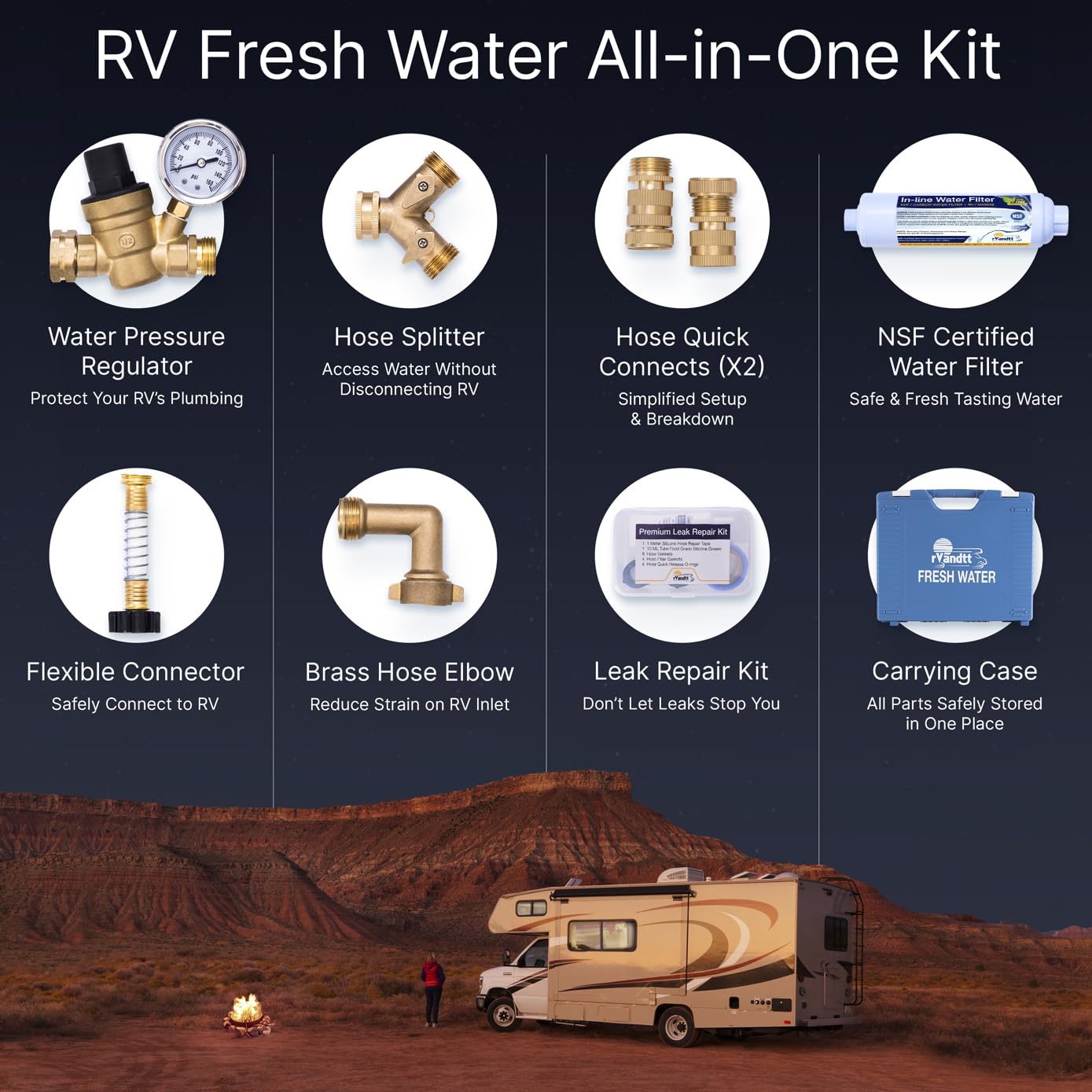rVandtt RV Fresh Water Kit - RV Water Pressure Regulator, Inline Water Filter, Hose Splitter, Brass Elbow, Flexible Connector, H