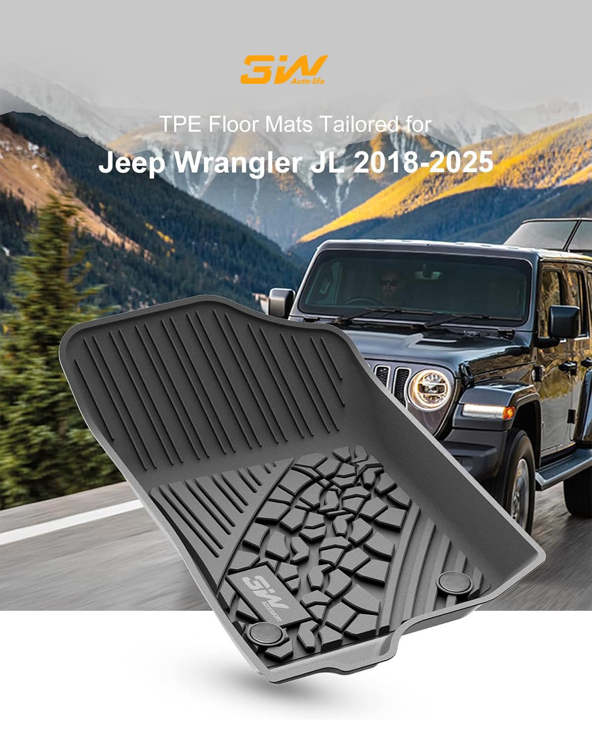 3W Floor Mats Compatible for Jeep Wrangler JL 2018-2024 2025 Unlimited 4-Door Sahara Willys Rubicon(Non JK or 4XE) All-Weather T