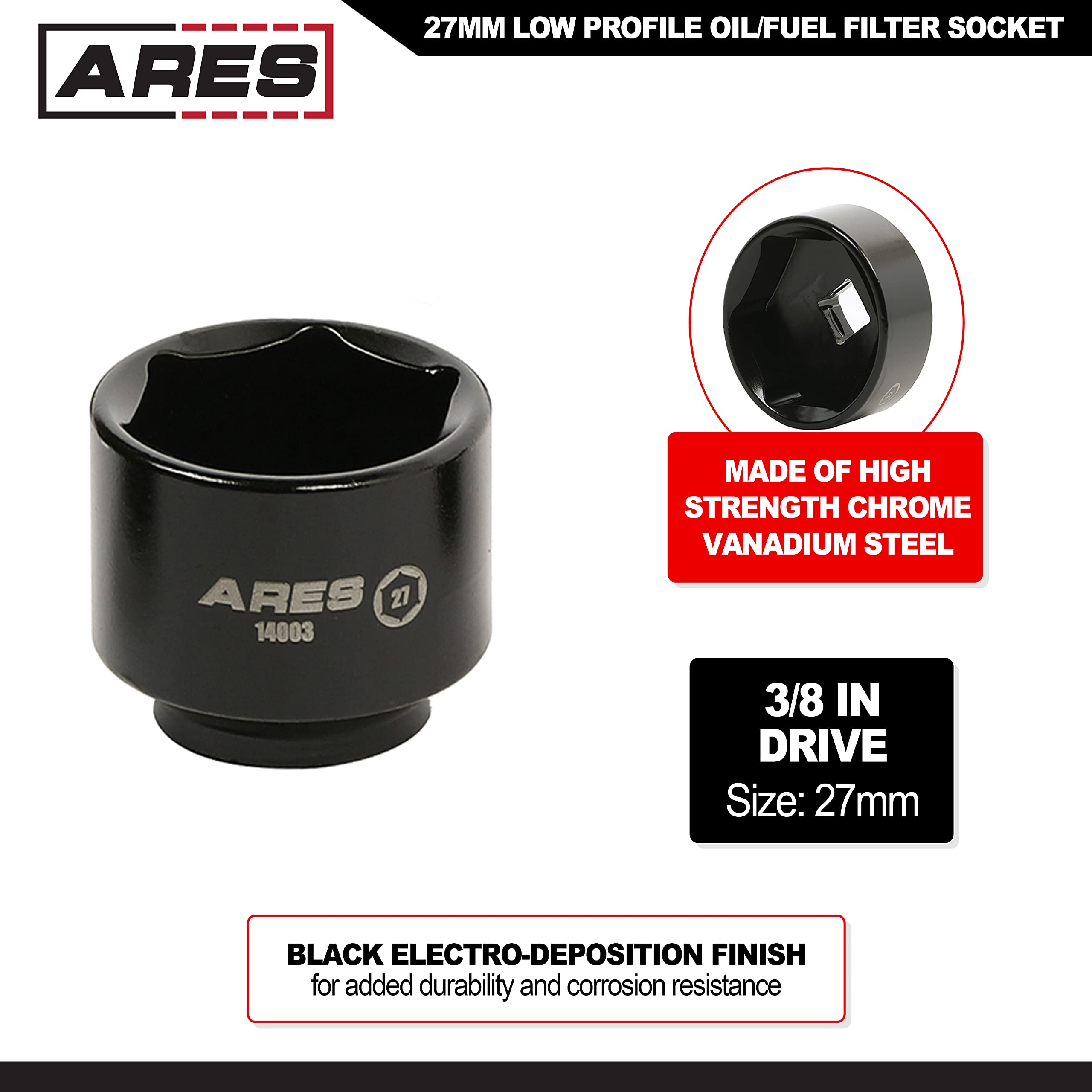 Ares 14003-27Mm Low Profile Fuel Filter Socket - Low Profile Design For Easy Access - Chrome Vanadium Steel With Manganese Phosp