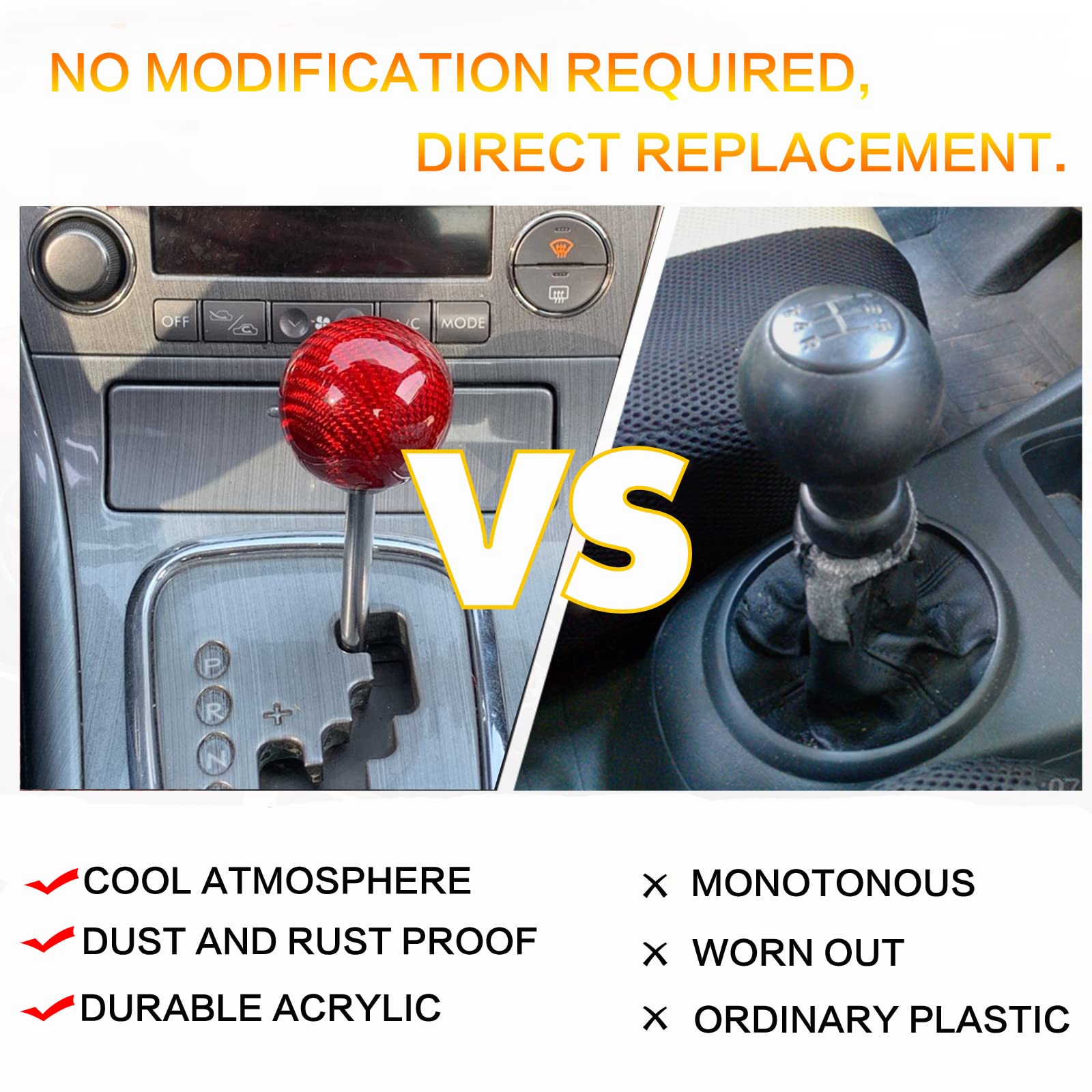 Yiuiy Round Ball Shift Knob 5 6 Speed Carbon Fiber Gear Shifter Knob For Manual Automatic Vehicles With Adapters M12X1.25 M8X1.25, M10X1.25, M10X1.5 (Red)