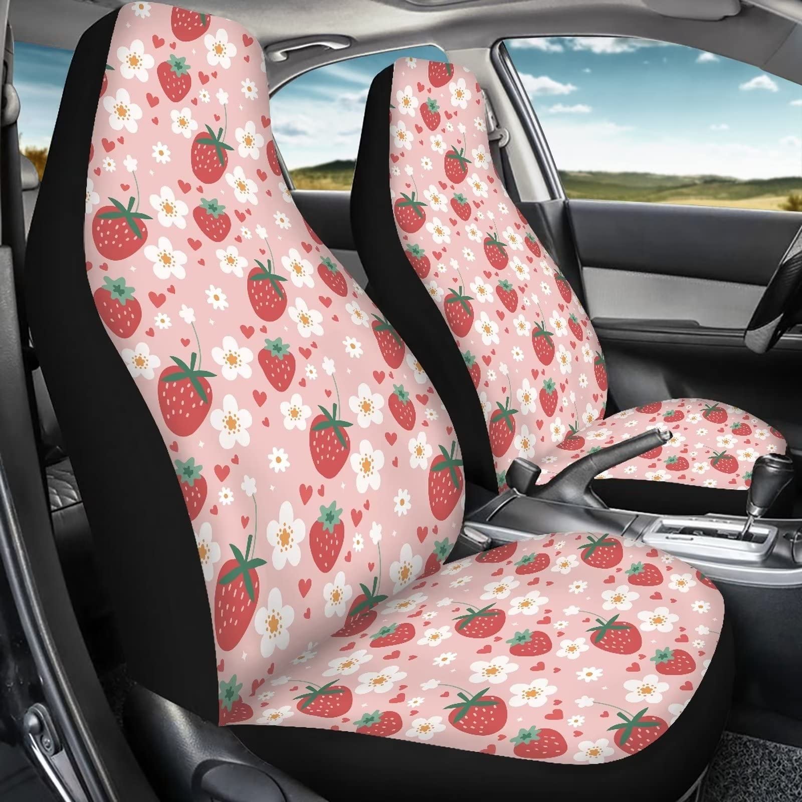 Fuibeng 2 Pcs Strawberry Car Seat Covers Set Pink Heart Daisy Strawberry Auto Front Seat Cushion Breathable Vehicle Bucket Seat