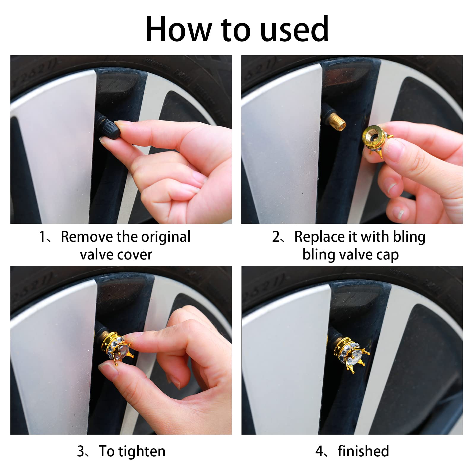 4 Pieces Crown Tire Valve Stem Caps Bling Handmade Crystal Rhinestone Universal Chrome Crown Vehicle Car Tire Caps Covers, Attra