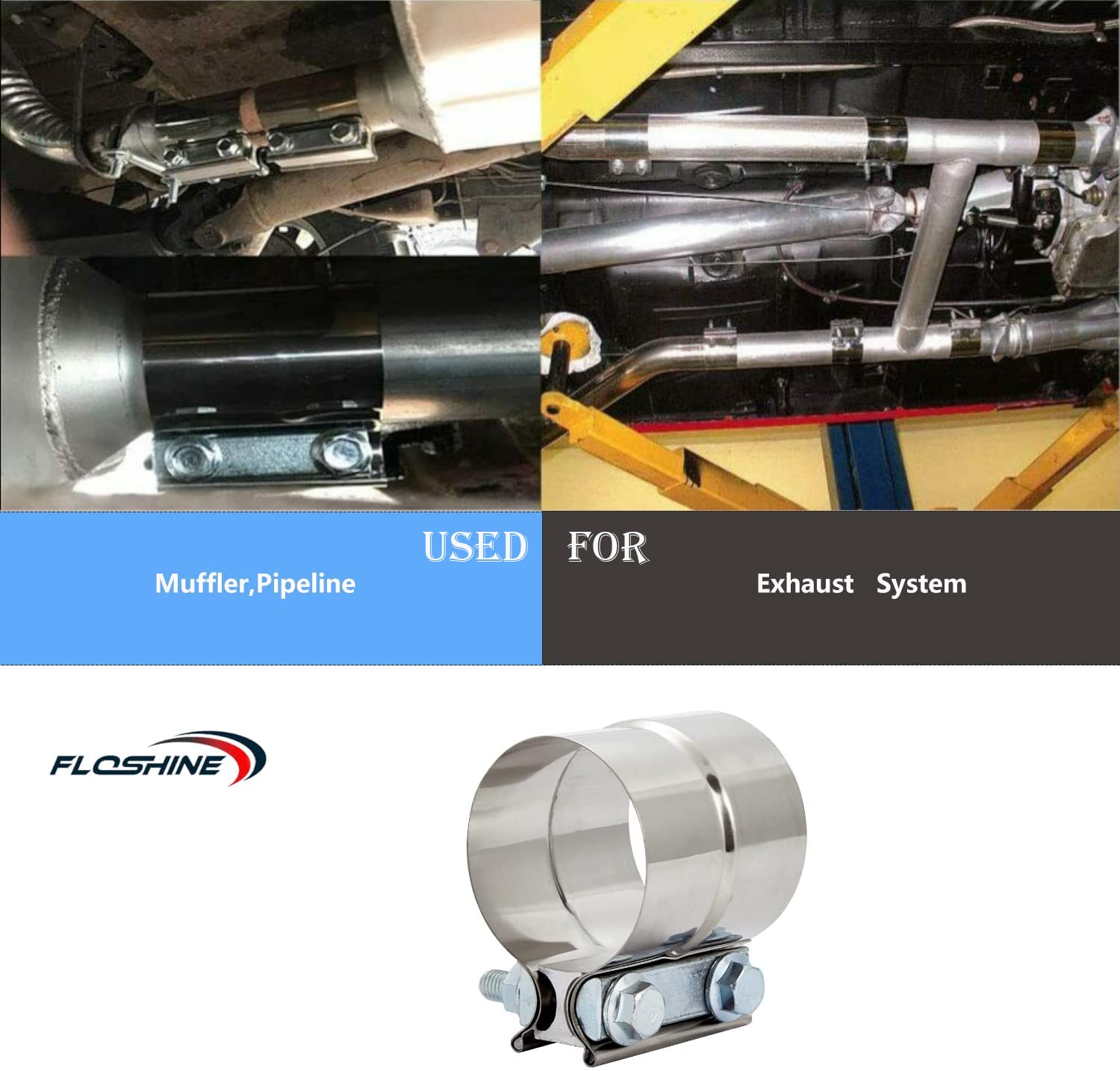 Floshine 2.25 In Lap Joint Band Clamps,Exhaust Muffler Clamp 2 Pcs,2.25 Exhaust Pipe Clamps Preformed Stainless Steel