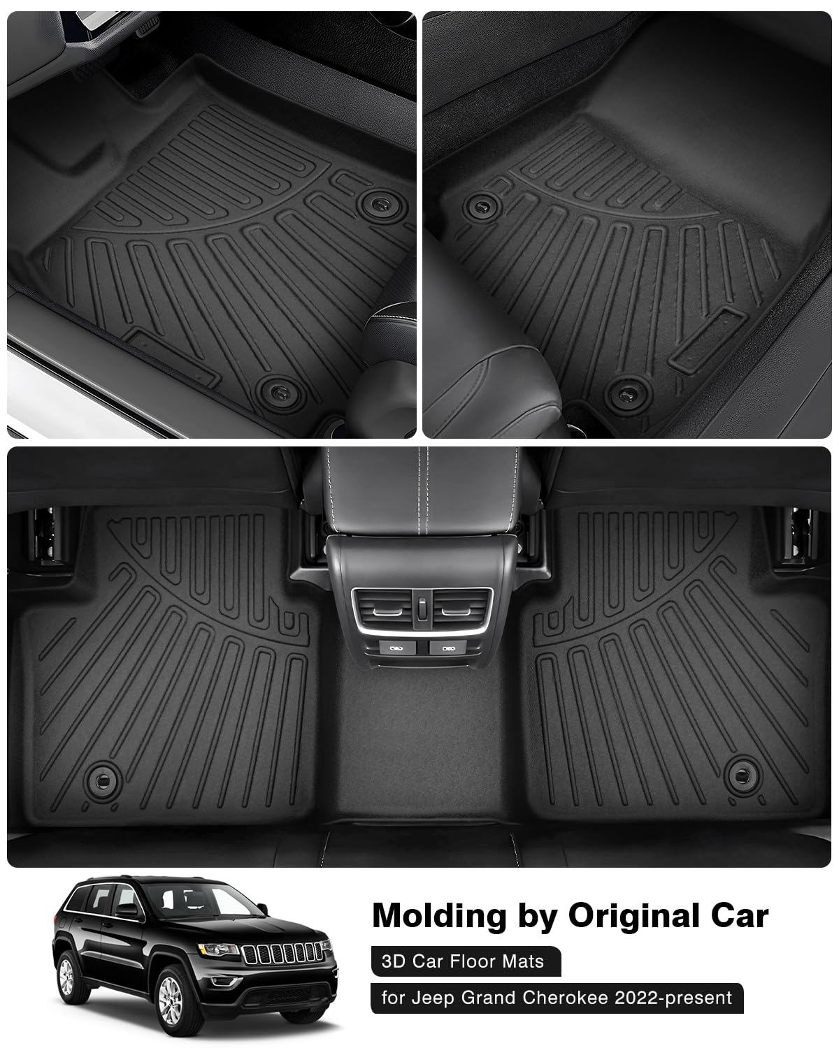 Powerty Floor Mats For 2022 2023 2024 Jeep Grand Cherokee 5 Seats Accessories All Weather Floor Liner 3D Tpe 1St & 2Nd Row Floor