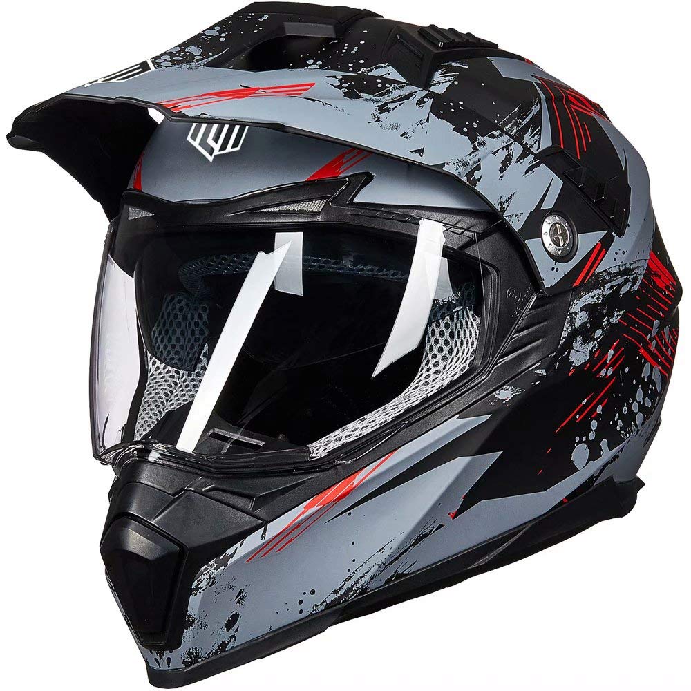 Ilm Off Road Motorcycle Dual Sport Helmet Full Face Sun Visor Dirt Bike Atv Motocross Casco Dot Certified Model 606V(Grey Red, L