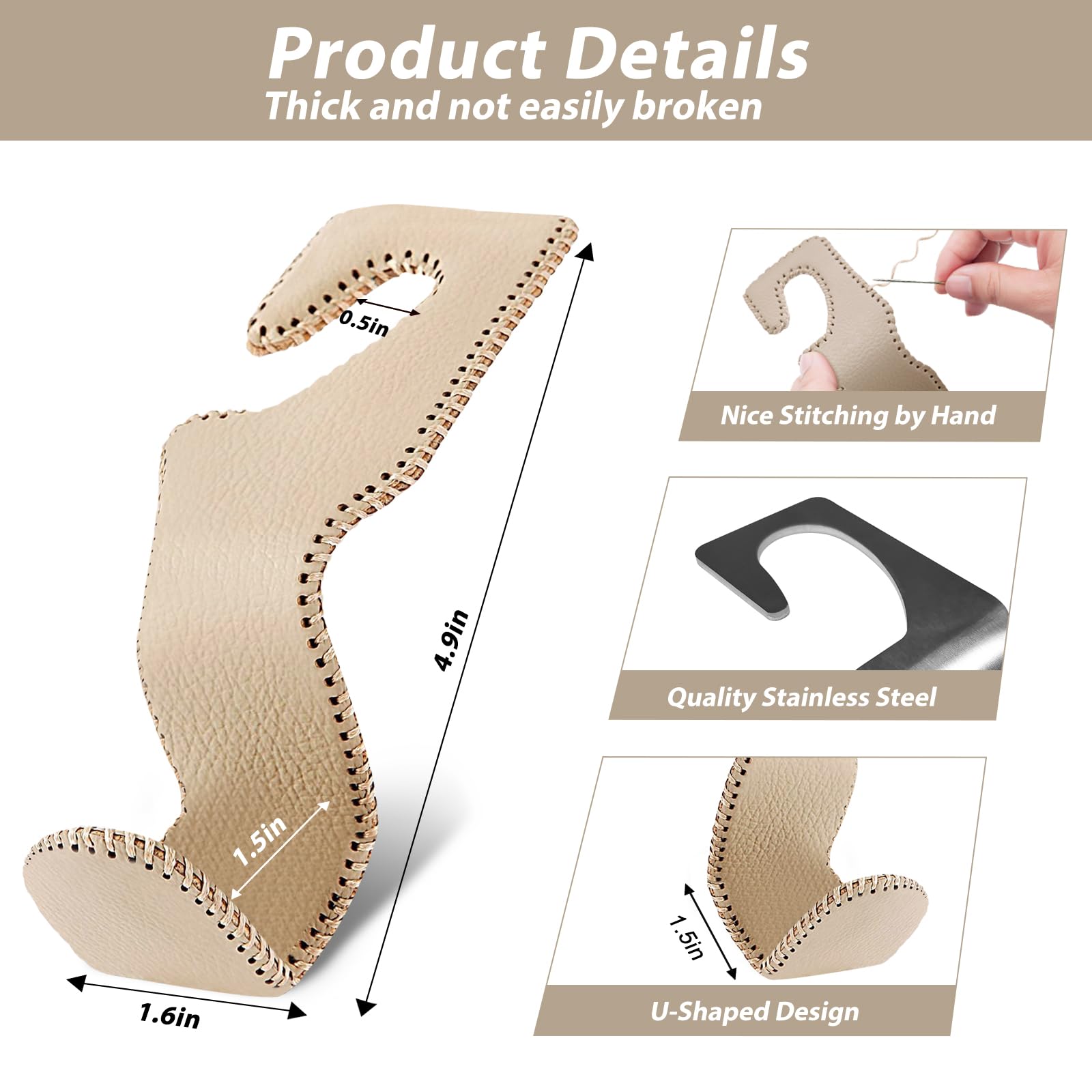 Etre Jeune Purse Hook for Car, Purse Holder Car Headrest Hooks Leather for Hanging Purses and Bags, 2 Pack Beige