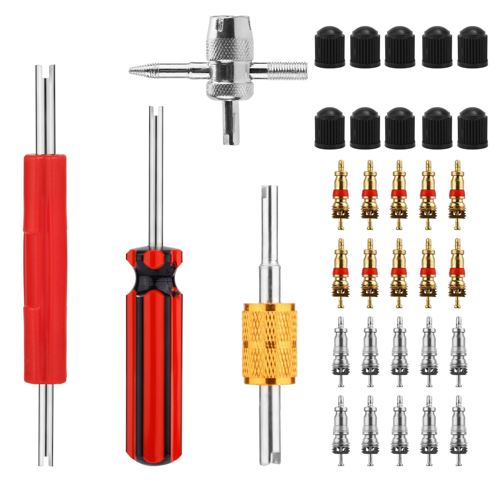 Tire Stem Repair Kit, Including Wrench Tool Copper Valve Core Copper Nickel-Plated Valve Core & Plastic Caps for Car Bike RV Tru