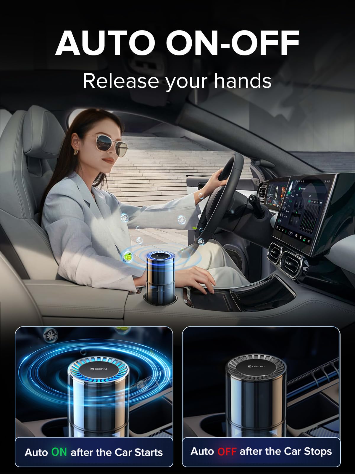 Ceeniu New Smart Car Air Freshener, 135Ml Last 6 Months, Auto On/Off Car Freshener Long Lasting, Multi-Mode Adjustable, Ambiance