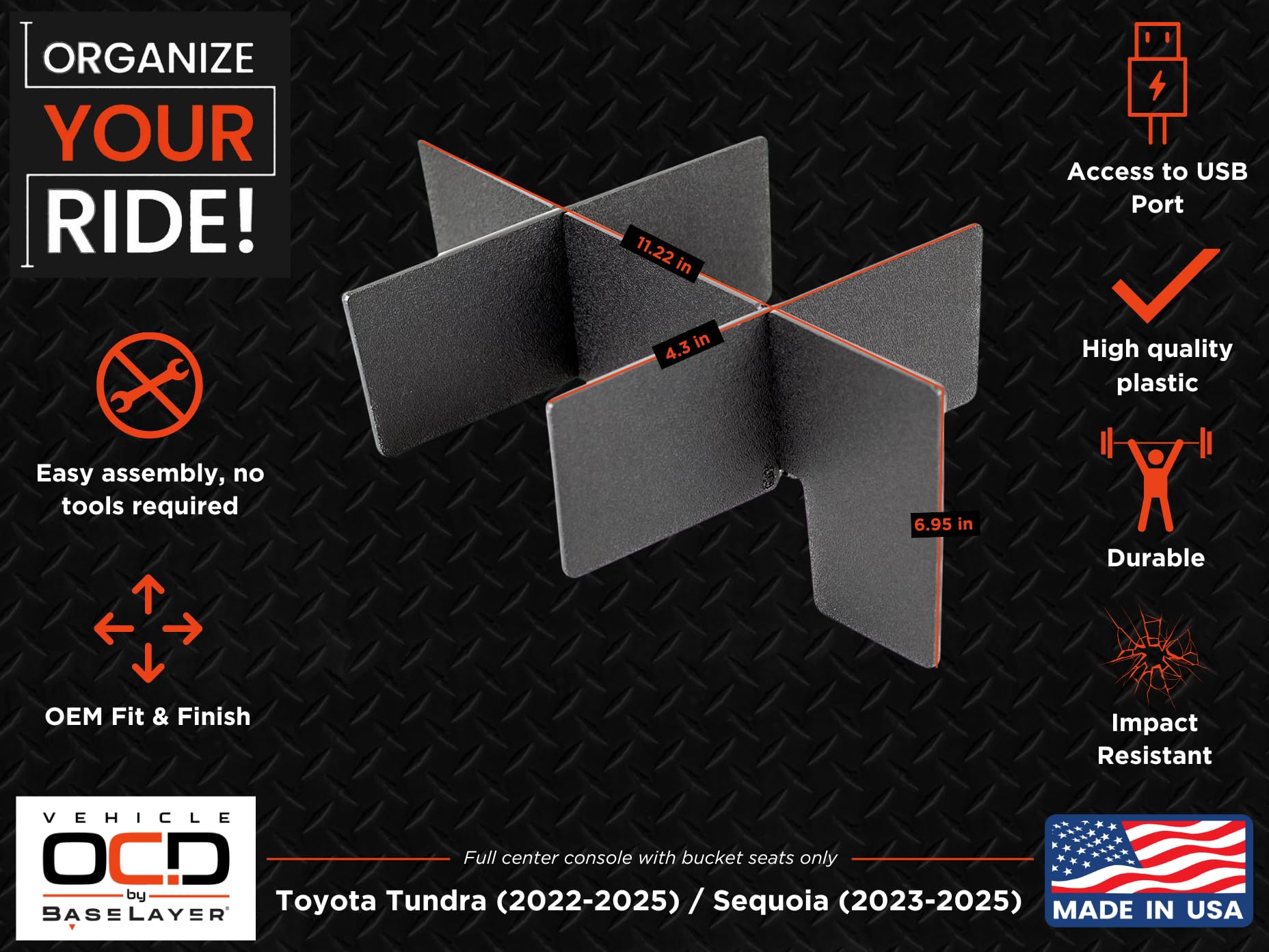 Vehicle Ocd - Center Console Divider And Tray Organizer For Toyota Tundra (2022-2025) / Sequoia (2023-2025) - Made In Usa - Not