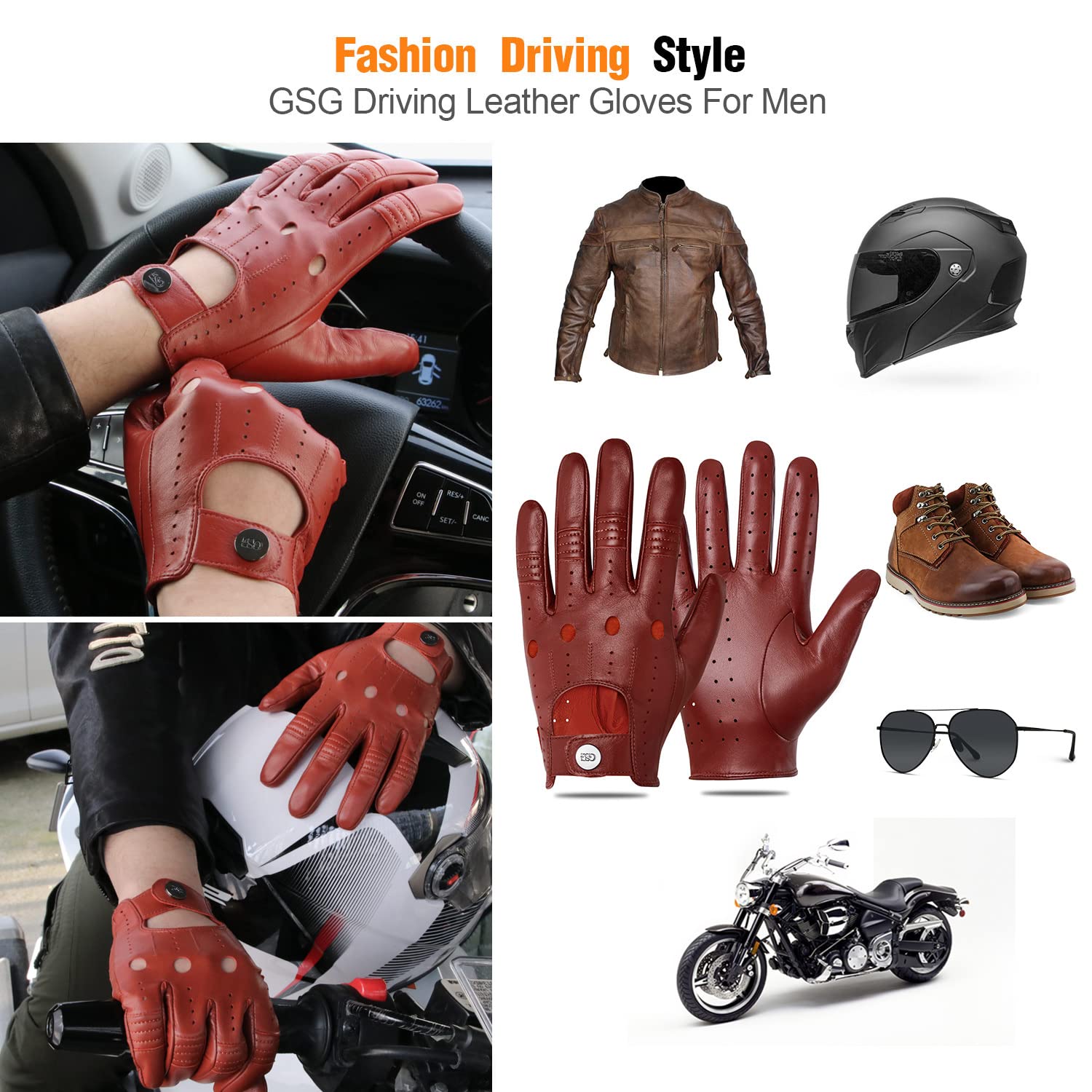 Gsg Men Genuine Leather Gloves Burgundy Red Unlined Biking Touchscreen Driving Gloves Large Palm Hole