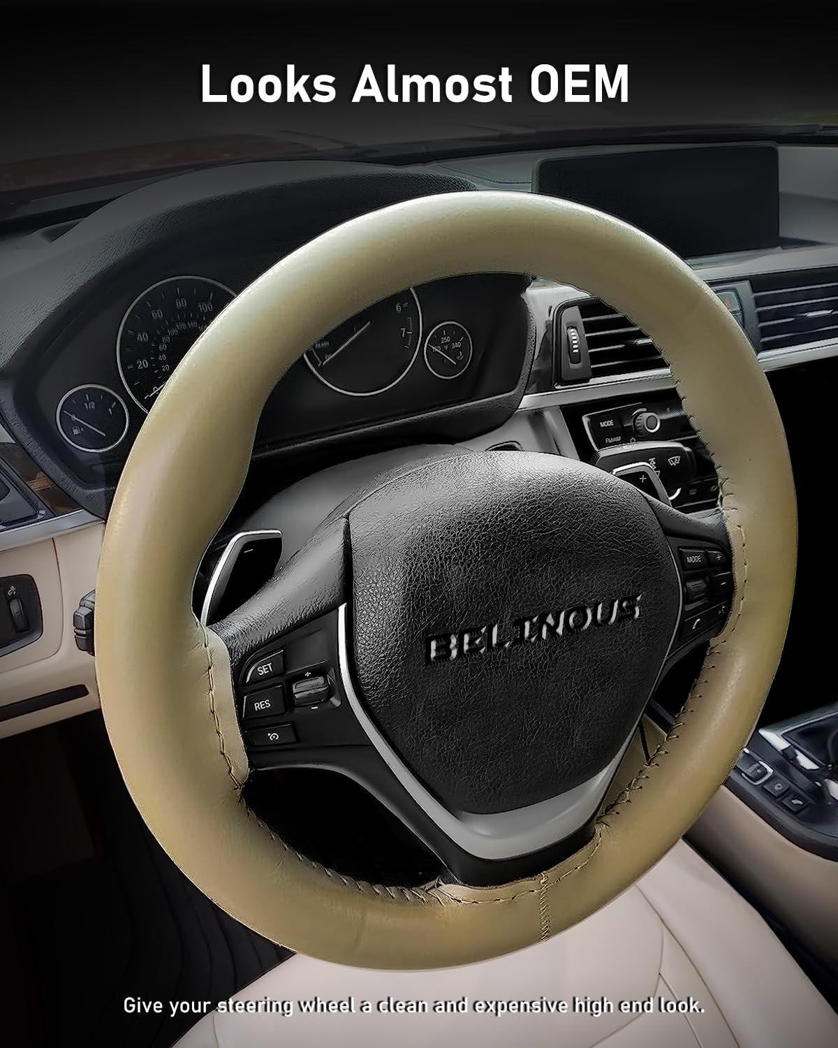 Belinous Leather Steering Wheel Cover Lace Up, Stitch On Wrap, Universal Fit 13-21 Inch Car Truck Suv Pickup Boat, A Whole Piece