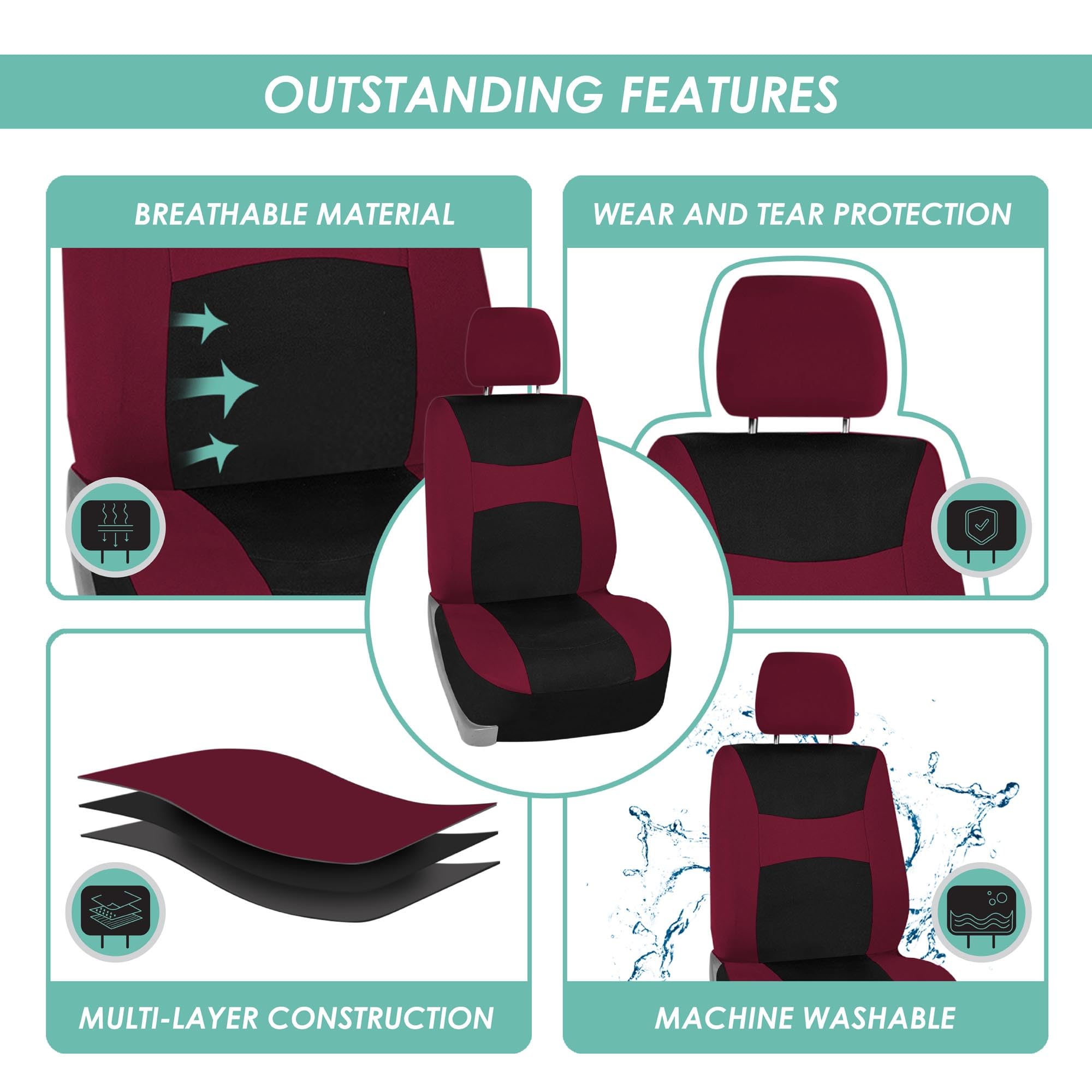 FH Group Car Seat Covers Full Set Cloth,Universal Fit combo,Washable Automotive Seat Covers,Low Back Front Seat Covers,Airbag Compatible,Split Bench Rear Seat for SUV,Sedan,Van Burgundy
