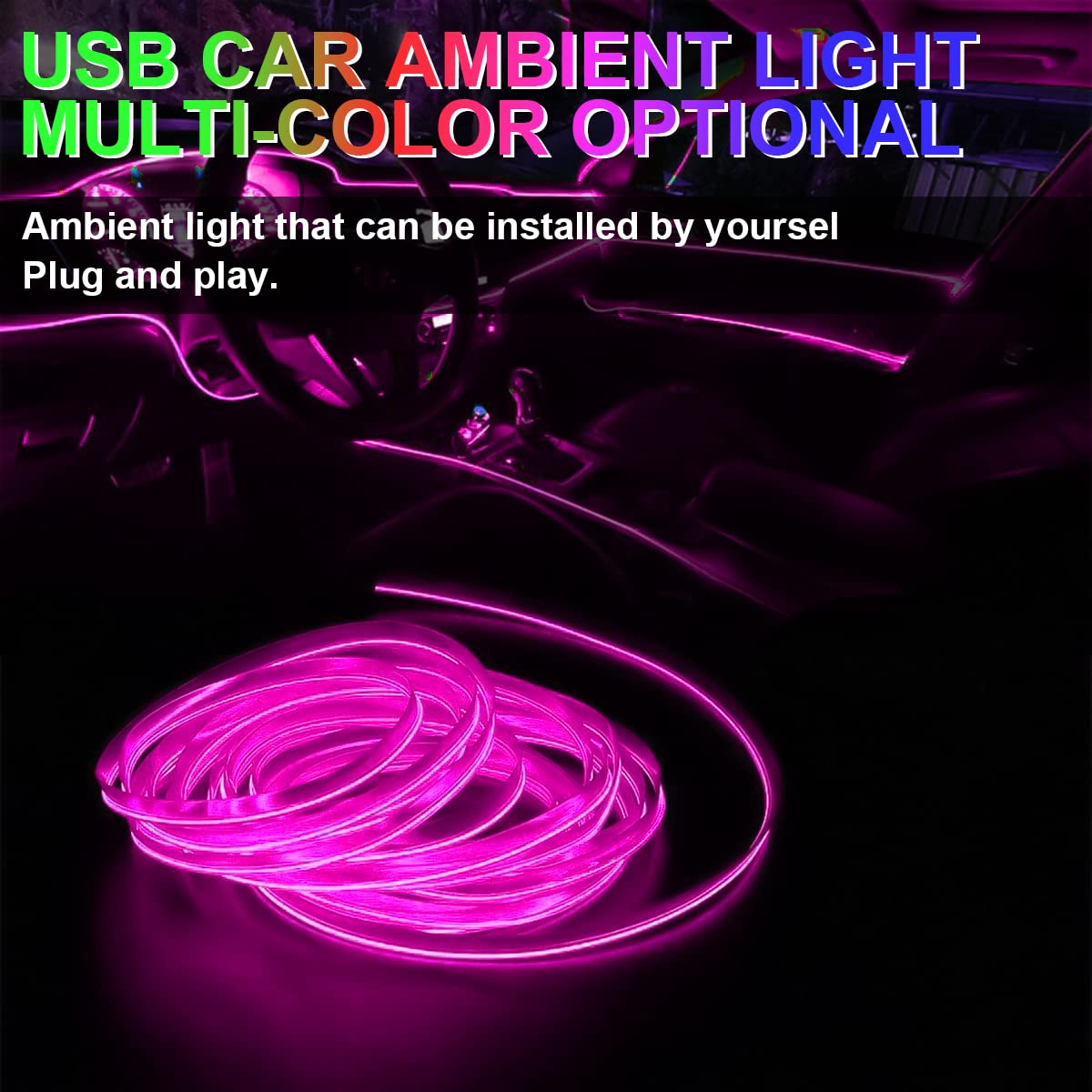 El Wire Interior Car Led Strip Lights, 10Ft/3M Usb Auto Neon Light Strip With Sewing Edge, Electroluminescent Car Ambient Lighting Kits With Fuse Protection, Car Decoration Accessories (Purple/10Ft)