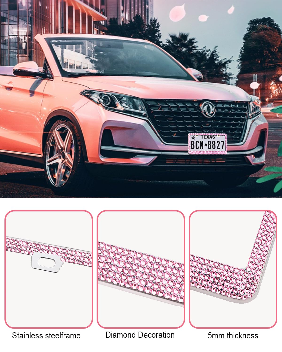 Xclpf Bling Pink License Plate Frames For Women,Handcrafted Clear Glass Diamond Rhinestone Crystals,1 Pcs Sparkly Stainless Stee
