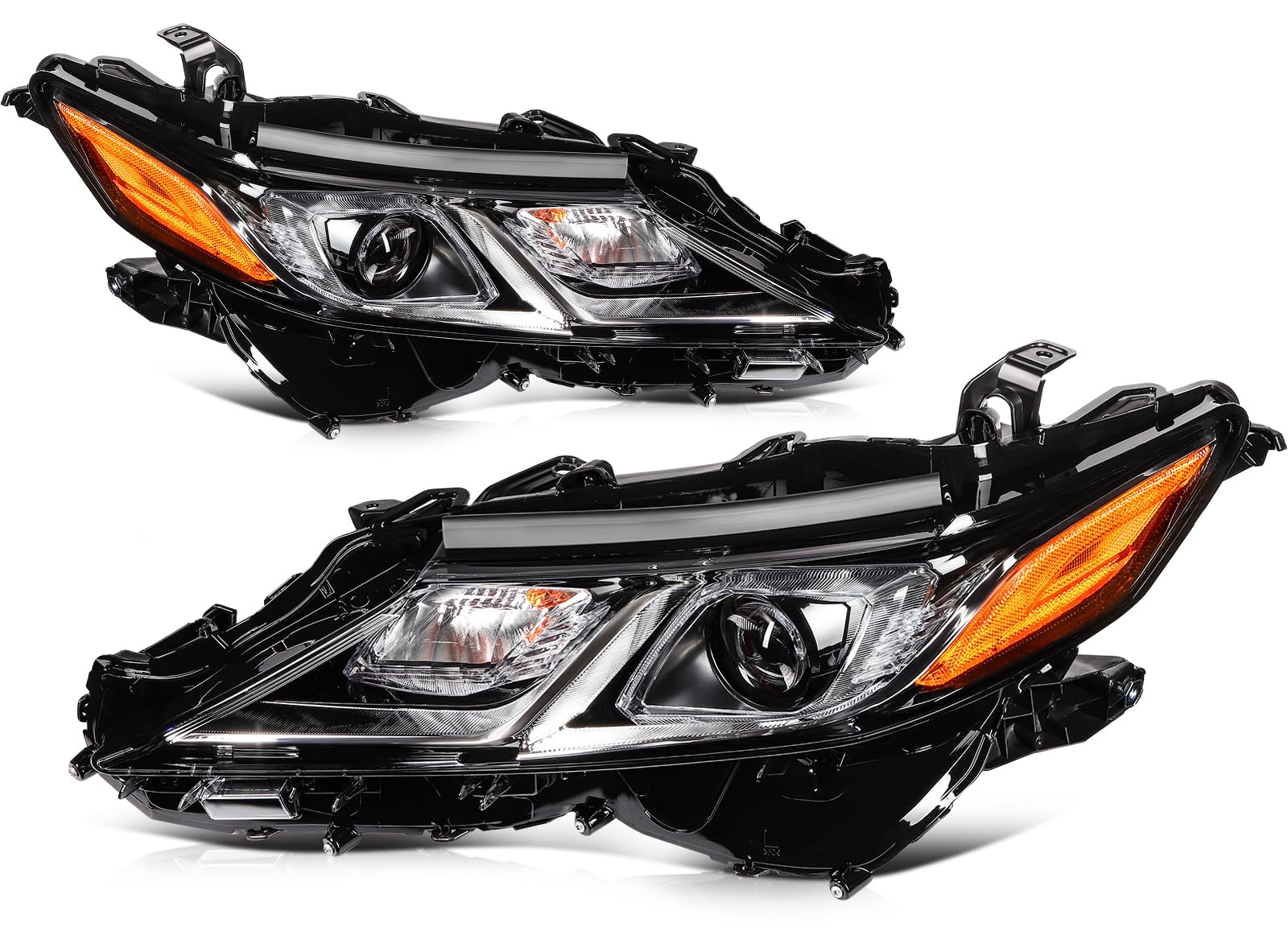 LBRST Headlight assembly Fit 2018-2022 for for Toyota Camry L/LE/SE Black Housing Amber Reflector Driver and Passenger Side 8115