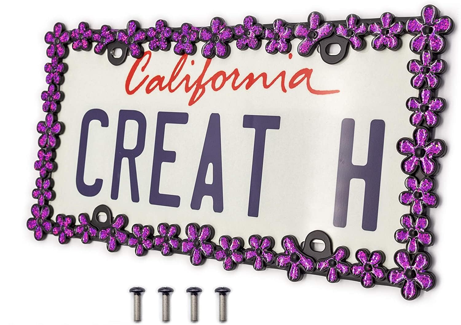 Creathome 3D Shining Daisy Wrenth License Plate Frame From Pure Zinc Alloy Metal Perfect Plate Holder,Matt Black With Purple Gli