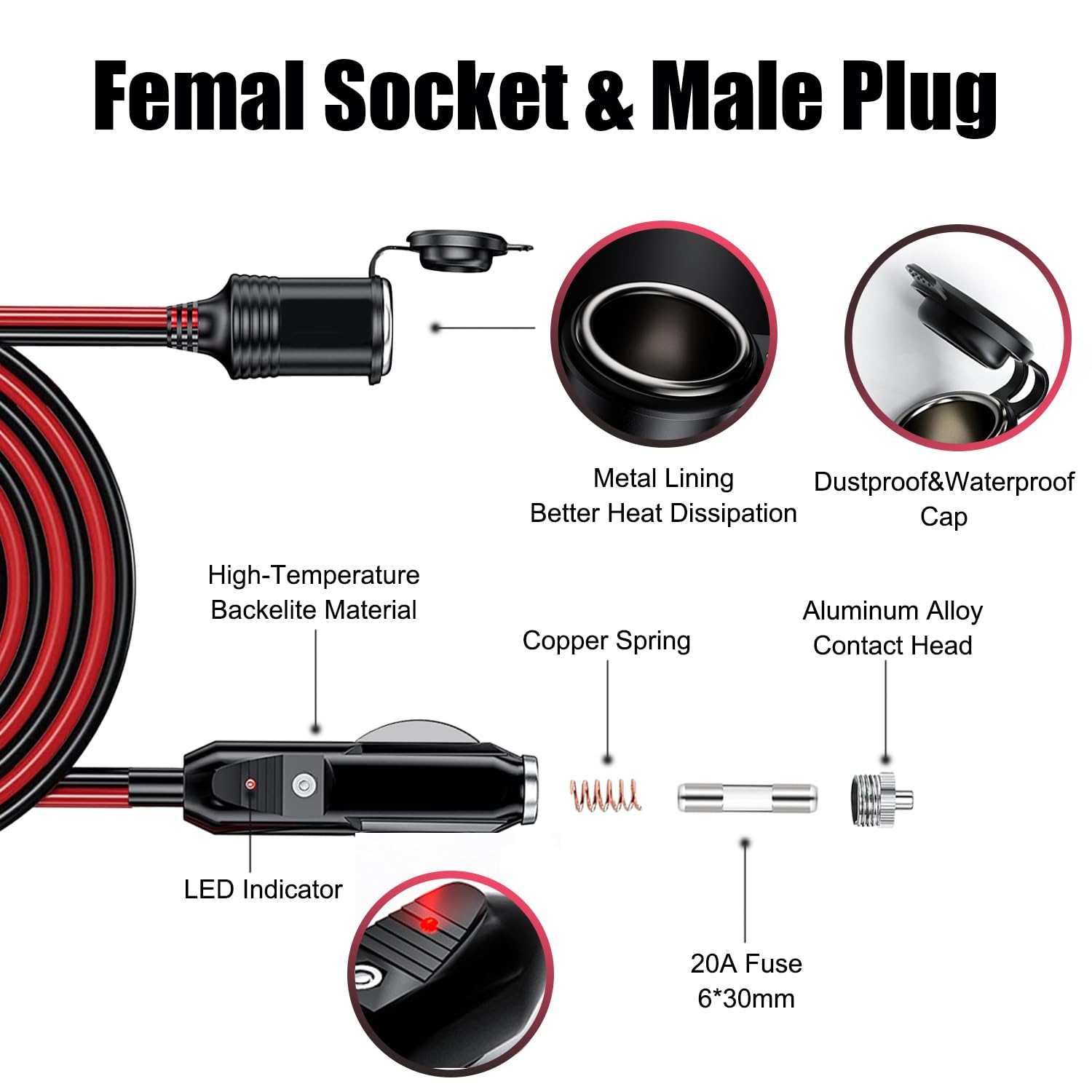Gibbab 12V/24V 16Awg Heavy Duty Cigarette Lighter Extension Cable 13Ft, 156W/20A Male Plug To Female Socket Adapter Extension Co