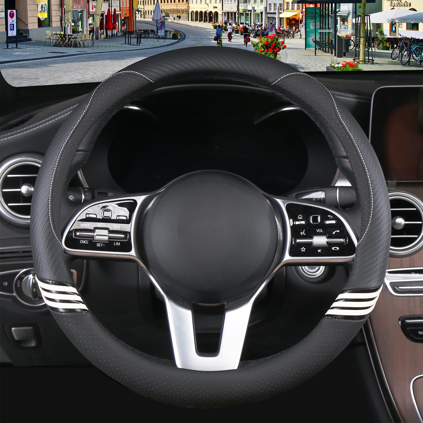 Binsheo Cute Steering Wheel Cover For Women Men Leather Universal 15 Inch,Black