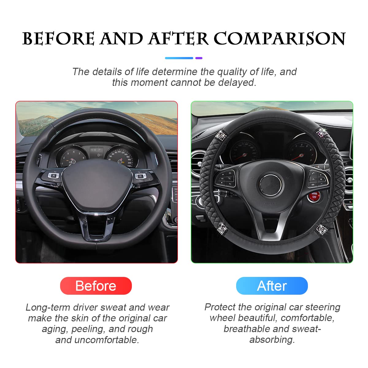 Bling Soft Leather Steering Wheel Cover Protector, 15 Inch Colorful Rhinestones Auto Elastic, Sparkly Crystal Diamond For Women