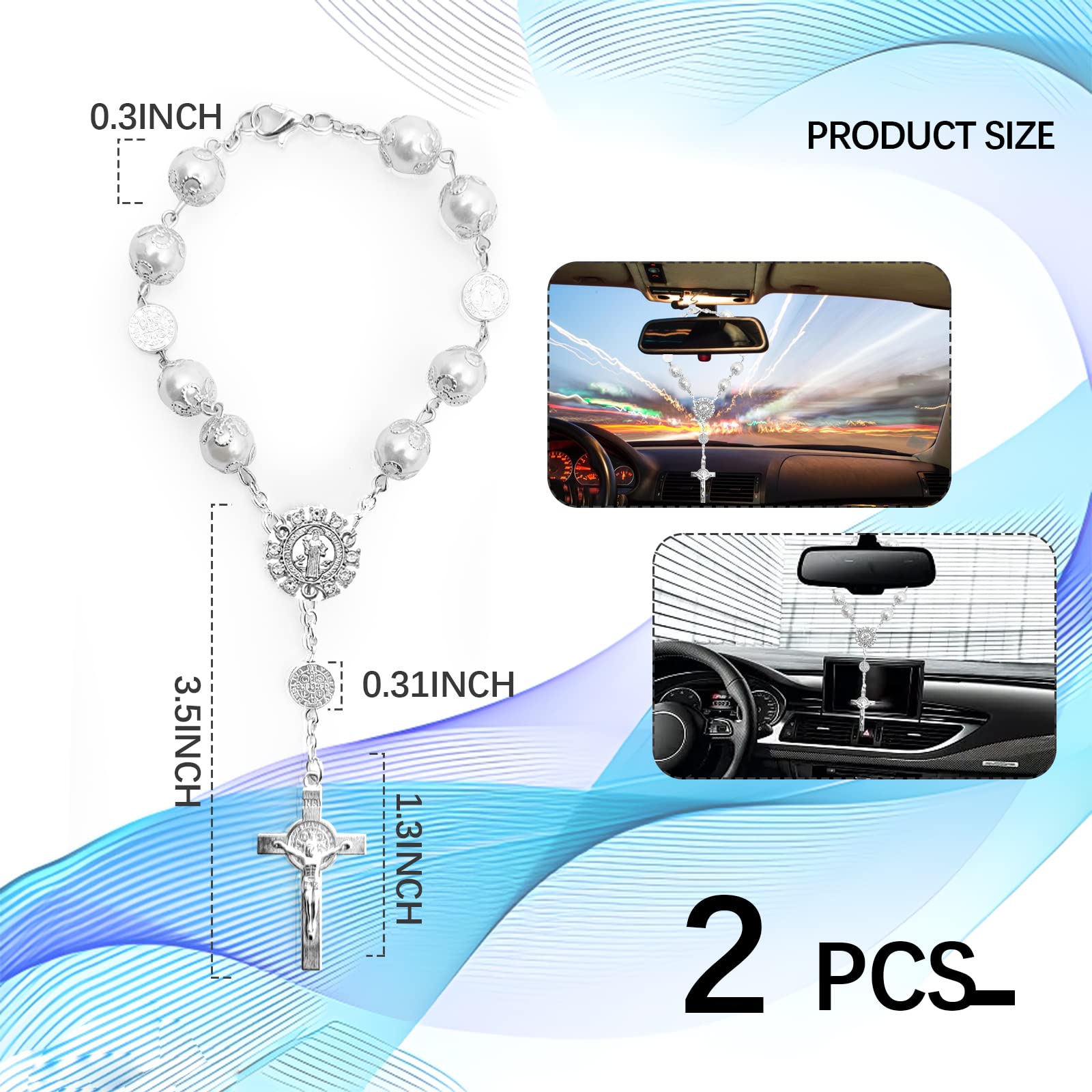 2 Pieces Car Mirror Hanging Accessories,Car Rosary with Cross Blessing Rosary, Beads Catholic for Woman Men Personalized Rearvie