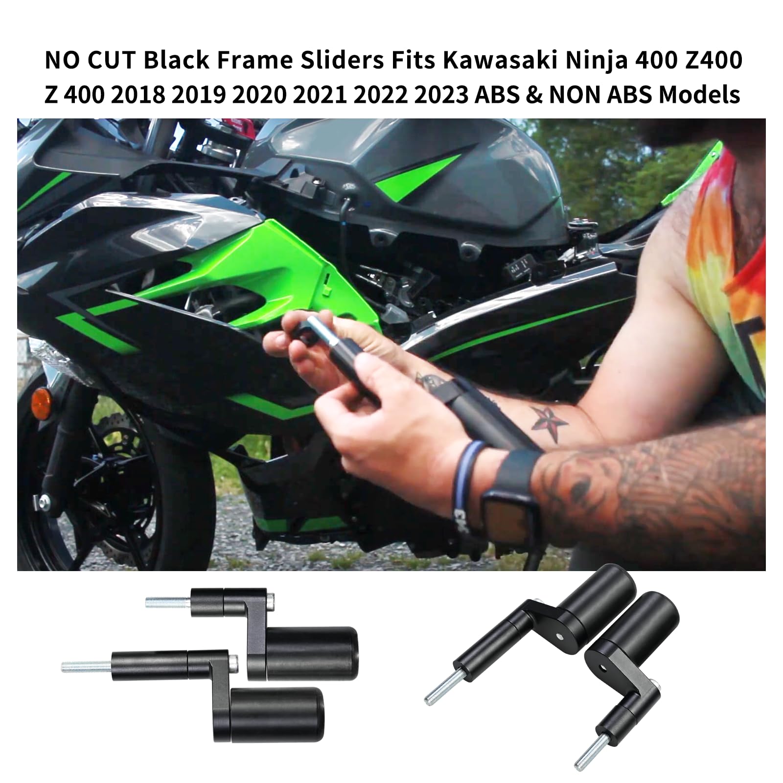 Vanshly No Cut Black Frame Sliders Fits Kawasaki Ninja 400 Z400 Z 400 2018 2019 2020 2021 2022 2023 Abs & Non Abs Models 750-4159