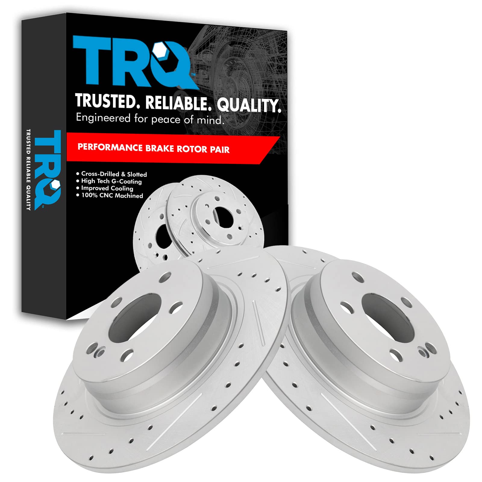 Trq Rear Performance Brake Rotors Set Premium G-Coated Cross Drilled & Slotted Compatible With 2012-2015 Mercedes-Benz C250 2008