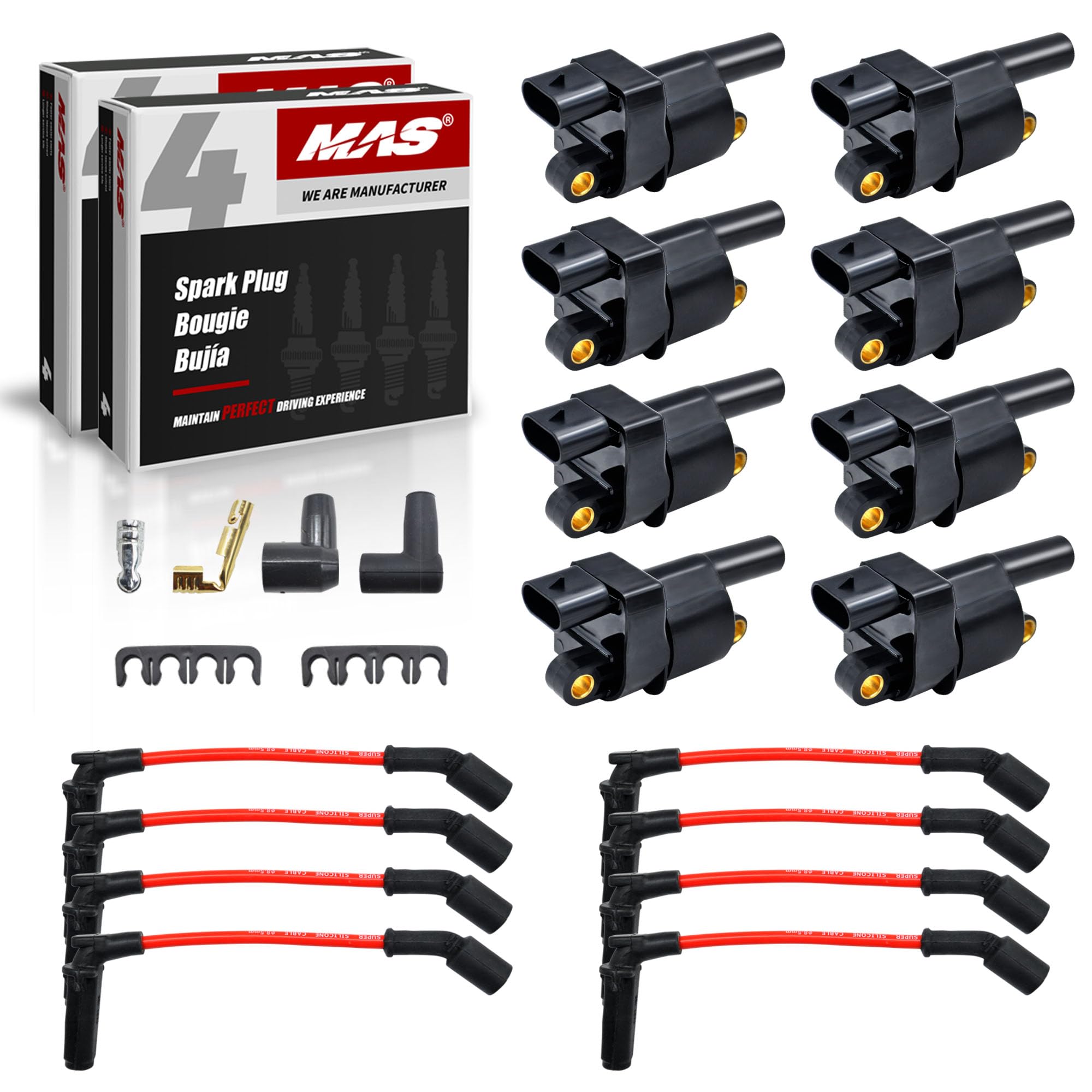 MAS Set of 8 Square Ignition Coil & 8 Iridium Spark Plug & 8.5mm Red Wire Set Compatible with Chevy Cadillac GMC Suburban Silver