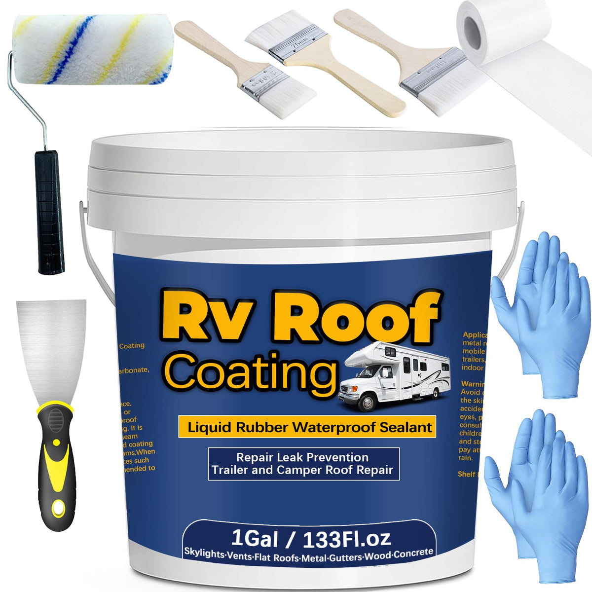 Qiveaory 1Gal/133Fl.oz Liquid Rubber Rv Roof Coating White Waterproof Sealant Camper Roof Repair Solar Reflective Wooden Brush P